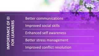 IMPORTANCE
OF
EI
FOR
LEARNERS
Better communications
Improved social skills
Enhanced self awareness
Better stress management
Improved conflict resolution
 