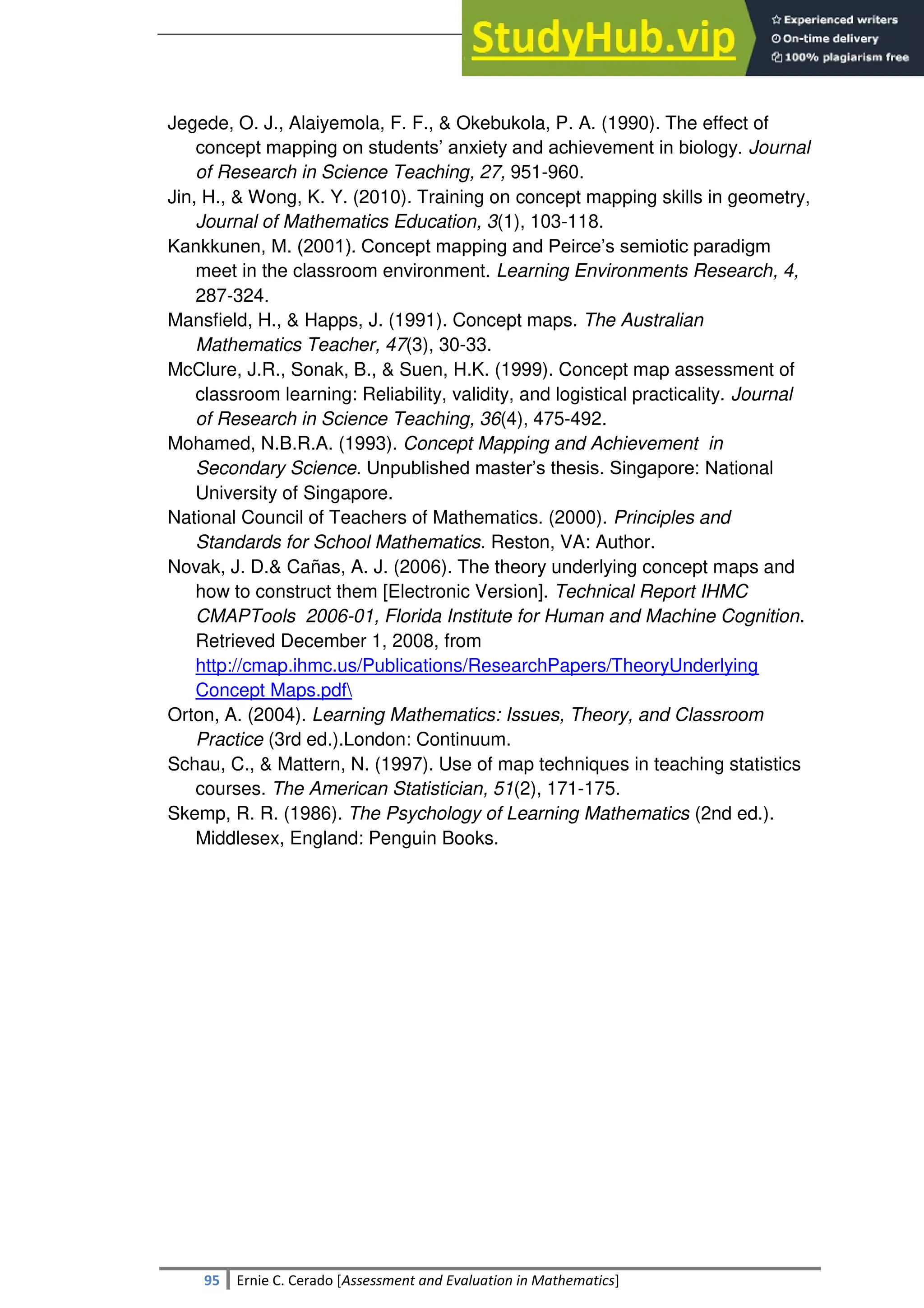 SULTAN KUDARAT STATE UNIVERSITY
95 Ernie C. Cerado [Assessment and Evaluation in Mathematics]
Jegede, O. J., Alaiyemola, F. F., & Okebukola, P. A. (1990). The effect of
concept mapping on students‘ anxiety and achievement in biology. Journal
of Research in Science Teaching, 27, 951-960.
Jin, H., & Wong, K. Y. (2010). Training on concept mapping skills in geometry,
Journal of Mathematics Education, 3(1), 103-118.
Kankkunen, M. (2001). Concept mapping and Peirce‘s semiotic paradigm
meet in the classroom environment. Learning Environments Research, 4,
287-324.
Mansfield, H., & Happs, J. (1991). Concept maps. The Australian
Mathematics Teacher, 47(3), 30-33.
McClure, J.R., Sonak, B., & Suen, H.K. (1999). Concept map assessment of
classroom learning: Reliability, validity, and logistical practicality. Journal
of Research in Science Teaching, 36(4), 475-492.
Mohamed, N.B.R.A. (1993). Concept Mapping and Achievement in
Secondary Science. Unpublished master‘s thesis. Singapore: National
University of Singapore.
National Council of Teachers of Mathematics. (2000). Principles and
Standards for School Mathematics. Reston, VA: Author.
Novak, J. D.& Cañas, A. J. (2006). The theory underlying concept maps and
how to construct them [Electronic Version]. Technical Report IHMC
CMAPTools 2006-01, Florida Institute for Human and Machine Cognition.
Retrieved December 1, 2008, from
http://cmap.ihmc.us/Publications/ResearchPapers/TheoryUnderlying
Concept Maps.pdf
Orton, A. (2004). Learning Mathematics: Issues, Theory, and Classroom
Practice (3rd ed.).London: Continuum.
Schau, C., & Mattern, N. (1997). Use of map techniques in teaching statistics
courses. The American Statistician, 51(2), 171-175.
Skemp, R. R. (1986). The Psychology of Learning Mathematics (2nd ed.).
Middlesex, England: Penguin Books.
 
