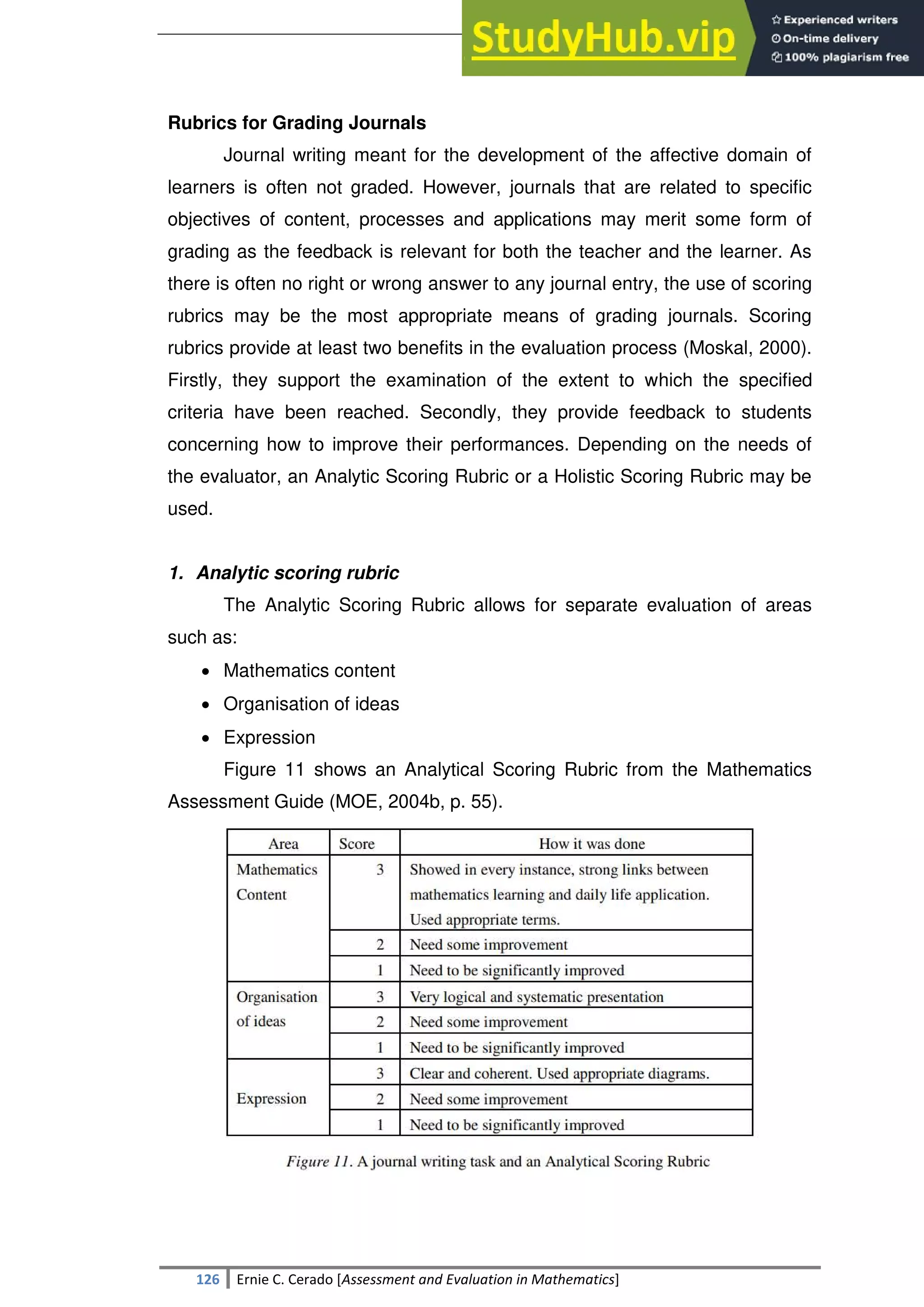 SULTAN KUDARAT STATE UNIVERSITY
126 Ernie C. Cerado [Assessment and Evaluation in Mathematics]
Rubrics for Grading Journals
Journal writing meant for the development of the affective domain of
learners is often not graded. However, journals that are related to specific
objectives of content, processes and applications may merit some form of
grading as the feedback is relevant for both the teacher and the learner. As
there is often no right or wrong answer to any journal entry, the use of scoring
rubrics may be the most appropriate means of grading journals. Scoring
rubrics provide at least two benefits in the evaluation process (Moskal, 2000).
Firstly, they support the examination of the extent to which the specified
criteria have been reached. Secondly, they provide feedback to students
concerning how to improve their performances. Depending on the needs of
the evaluator, an Analytic Scoring Rubric or a Holistic Scoring Rubric may be
used.
1. Analytic scoring rubric
The Analytic Scoring Rubric allows for separate evaluation of areas
such as:
 Mathematics content
 Organisation of ideas
 Expression
Figure 11 shows an Analytical Scoring Rubric from the Mathematics
Assessment Guide (MOE, 2004b, p. 55).
 