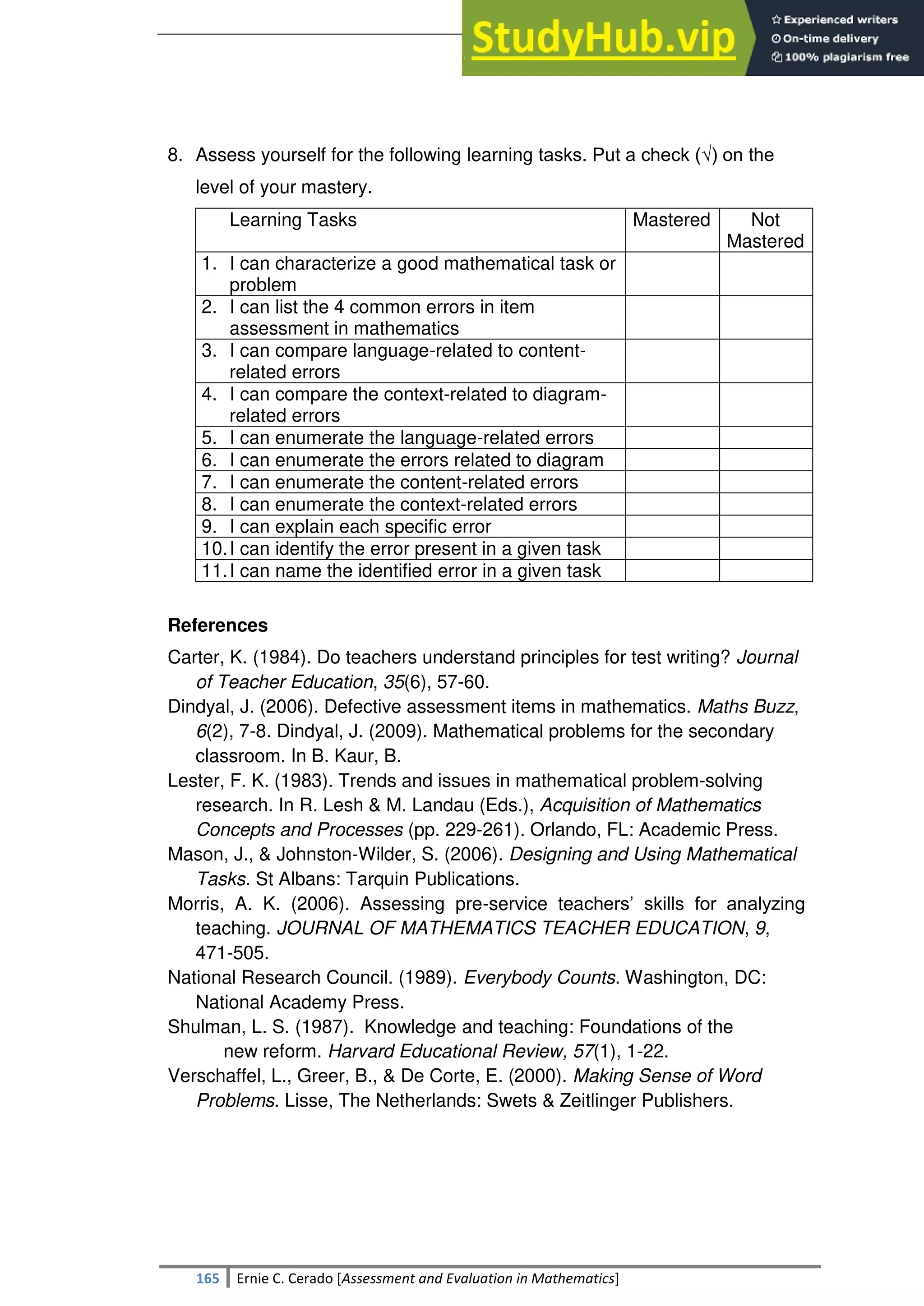 SULTAN KUDARAT STATE UNIVERSITY
165 Ernie C. Cerado [Assessment and Evaluation in Mathematics]
8. Assess yourself for the following learning tasks. Put a check (√) on the
level of your mastery.
Learning Tasks Mastered Not
Mastered
1. I can characterize a good mathematical task or
problem
2. I can list the 4 common errors in item
assessment in mathematics
3. I can compare language-related to content-
related errors
4. I can compare the context-related to diagram-
related errors
5. I can enumerate the language-related errors
6. I can enumerate the errors related to diagram
7. I can enumerate the content-related errors
8. I can enumerate the context-related errors
9. I can explain each specific error
10.I can identify the error present in a given task
11.I can name the identified error in a given task
References
Carter, K. (1984). Do teachers understand principles for test writing? Journal
of Teacher Education, 35(6), 57-60.
Dindyal, J. (2006). Defective assessment items in mathematics. Maths Buzz,
6(2), 7-8. Dindyal, J. (2009). Mathematical problems for the secondary
classroom. In B. Kaur, B.
Lester, F. K. (1983). Trends and issues in mathematical problem-solving
research. In R. Lesh & M. Landau (Eds.), Acquisition of Mathematics
Concepts and Processes (pp. 229-261). Orlando, FL: Academic Press.
Mason, J., & Johnston-Wilder, S. (2006). Designing and Using Mathematical
Tasks. St Albans: Tarquin Publications.
Morris, A. K. (2006). Assessing pre-service teachers‘ skills for analyzing
teaching. JOURNAL OF MATHEMATICS TEACHER EDUCATION, 9,
471-505.
National Research Council. (1989). Everybody Counts. Washington, DC:
National Academy Press.
Shulman, L. S. (1987). Knowledge and teaching: Foundations of the
new reform. Harvard Educational Review, 57(1), 1-22.
Verschaffel, L., Greer, B., & De Corte, E. (2000). Making Sense of Word
Problems. Lisse, The Netherlands: Swets & Zeitlinger Publishers.
 