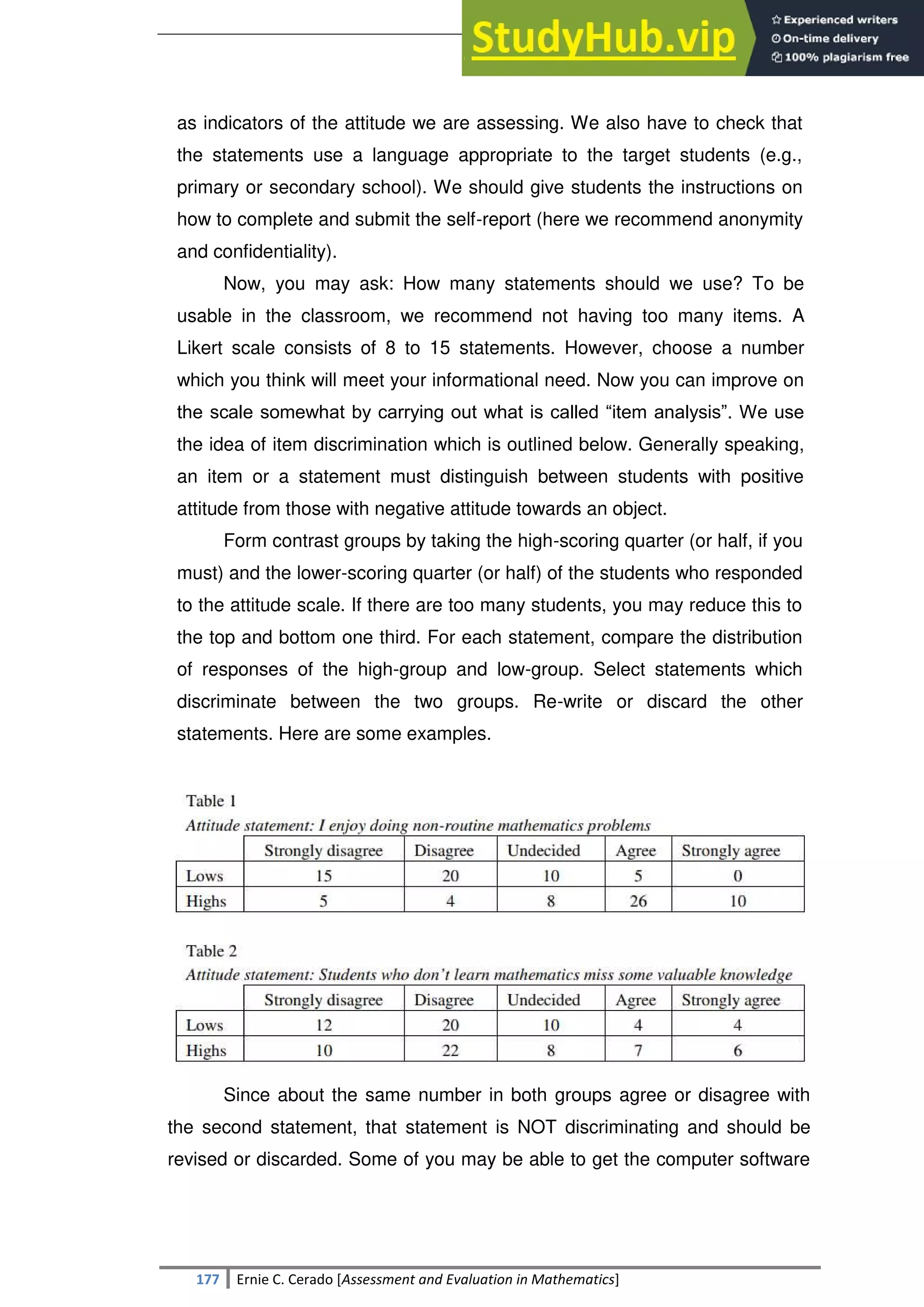 SULTAN KUDARAT STATE UNIVERSITY
177 Ernie C. Cerado [Assessment and Evaluation in Mathematics]
as indicators of the attitude we are assessing. We also have to check that
the statements use a language appropriate to the target students (e.g.,
primary or secondary school). We should give students the instructions on
how to complete and submit the self-report (here we recommend anonymity
and confidentiality).
Now, you may ask: How many statements should we use? To be
usable in the classroom, we recommend not having too many items. A
Likert scale consists of 8 to 15 statements. However, choose a number
which you think will meet your informational need. Now you can improve on
the scale somewhat by carrying out what is called ―item analysis‖. We use
the idea of item discrimination which is outlined below. Generally speaking,
an item or a statement must distinguish between students with positive
attitude from those with negative attitude towards an object.
Form contrast groups by taking the high-scoring quarter (or half, if you
must) and the lower-scoring quarter (or half) of the students who responded
to the attitude scale. If there are too many students, you may reduce this to
the top and bottom one third. For each statement, compare the distribution
of responses of the high-group and low-group. Select statements which
discriminate between the two groups. Re-write or discard the other
statements. Here are some examples.
Since about the same number in both groups agree or disagree with
the second statement, that statement is NOT discriminating and should be
revised or discarded. Some of you may be able to get the computer software
 