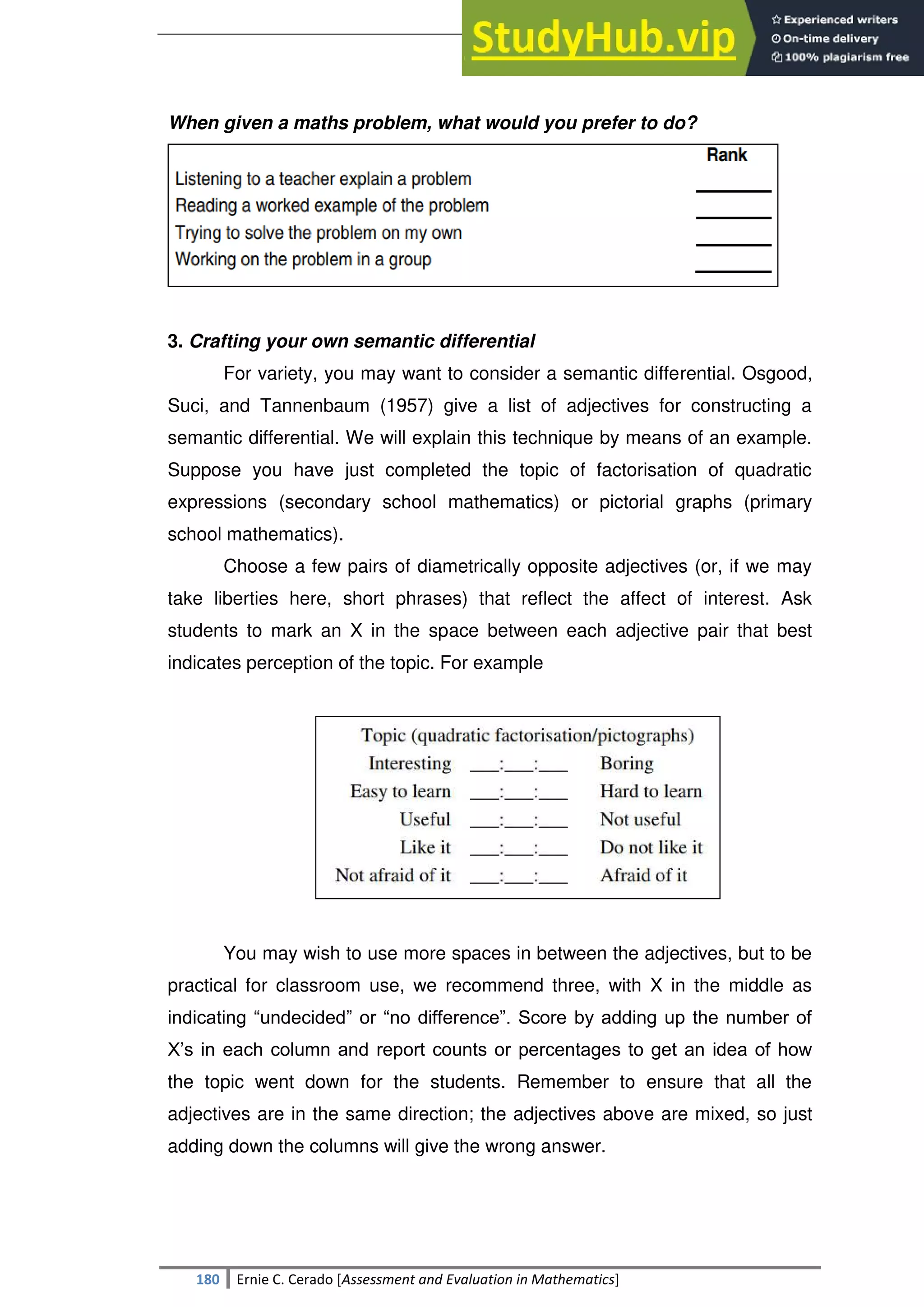 SULTAN KUDARAT STATE UNIVERSITY
180 Ernie C. Cerado [Assessment and Evaluation in Mathematics]
When given a maths problem, what would you prefer to do?
3. Crafting your own semantic differential
For variety, you may want to consider a semantic differential. Osgood,
Suci, and Tannenbaum (1957) give a list of adjectives for constructing a
semantic differential. We will explain this technique by means of an example.
Suppose you have just completed the topic of factorisation of quadratic
expressions (secondary school mathematics) or pictorial graphs (primary
school mathematics).
Choose a few pairs of diametrically opposite adjectives (or, if we may
take liberties here, short phrases) that reflect the affect of interest. Ask
students to mark an X in the space between each adjective pair that best
indicates perception of the topic. For example
You may wish to use more spaces in between the adjectives, but to be
practical for classroom use, we recommend three, with X in the middle as
indicating ―undecided‖ or ―no difference‖. Score by adding up the number of
X‘s in each column and report counts or percentages to get an idea of how
the topic went down for the students. Remember to ensure that all the
adjectives are in the same direction; the adjectives above are mixed, so just
adding down the columns will give the wrong answer.
 