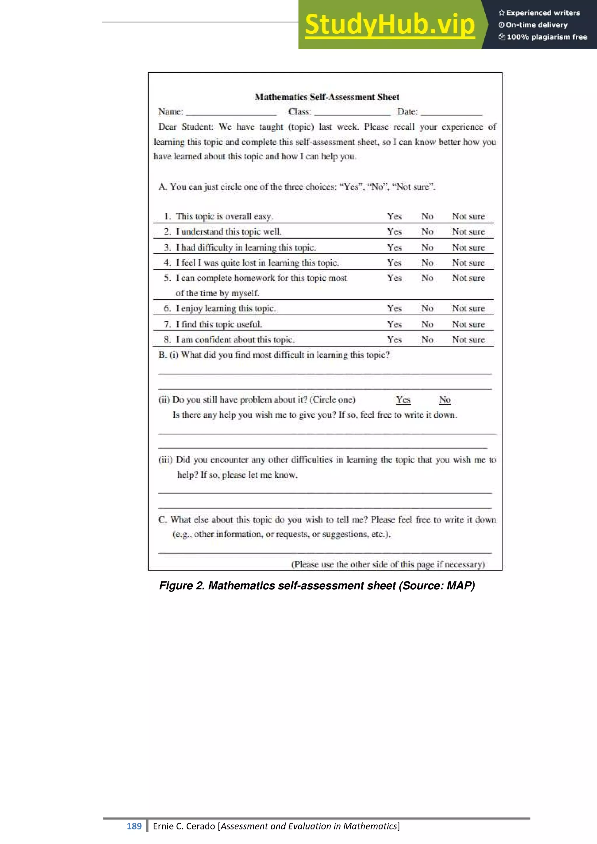 SULTAN KUDARAT STATE UNIVERSITY
189 Ernie C. Cerado [Assessment and Evaluation in Mathematics]
Figure 2. Mathematics self-assessment sheet (Source: MAP)
 