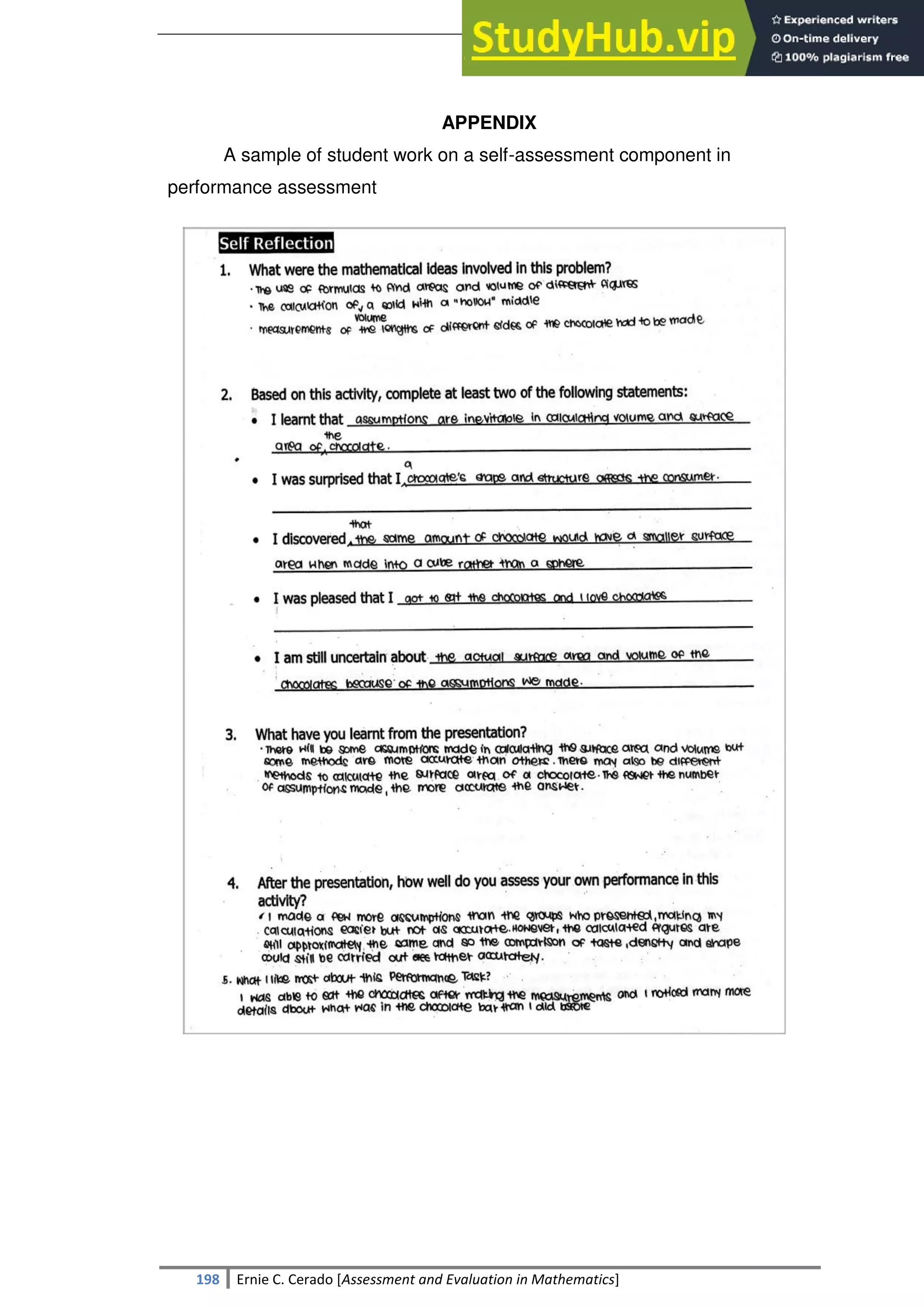 SULTAN KUDARAT STATE UNIVERSITY
198 Ernie C. Cerado [Assessment and Evaluation in Mathematics]
APPENDIX
A sample of student work on a self-assessment component in
performance assessment
 