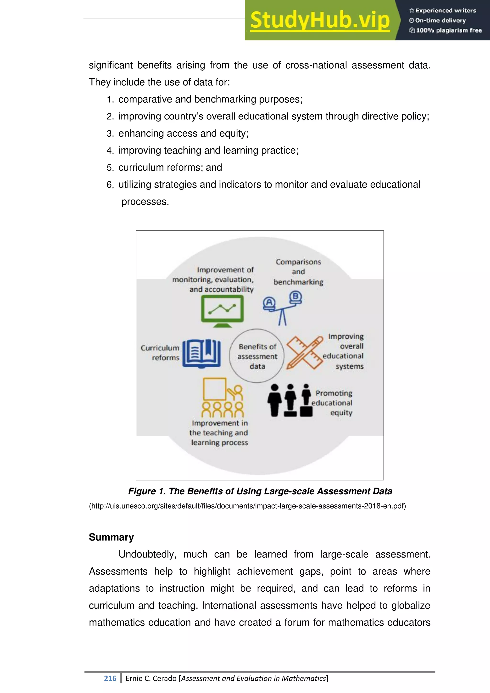 SULTAN KUDARAT STATE UNIVERSITY
216 Ernie C. Cerado [Assessment and Evaluation in Mathematics]
significant benefits arising from the use of cross-national assessment data.
They include the use of data for:
1. comparative and benchmarking purposes;
2. improving country‘s overall educational system through directive policy;
3. enhancing access and equity;
4. improving teaching and learning practice;
5. curriculum reforms; and
6. utilizing strategies and indicators to monitor and evaluate educational
processes.
Figure 1. The Benefits of Using Large-scale Assessment Data
(http://uis.unesco.org/sites/default/files/documents/impact-large-scale-assessments-2018-en.pdf)
Summary
Undoubtedly, much can be learned from large-scale assessment.
Assessments help to highlight achievement gaps, point to areas where
adaptations to instruction might be required, and can lead to reforms in
curriculum and teaching. International assessments have helped to globalize
mathematics education and have created a forum for mathematics educators
 