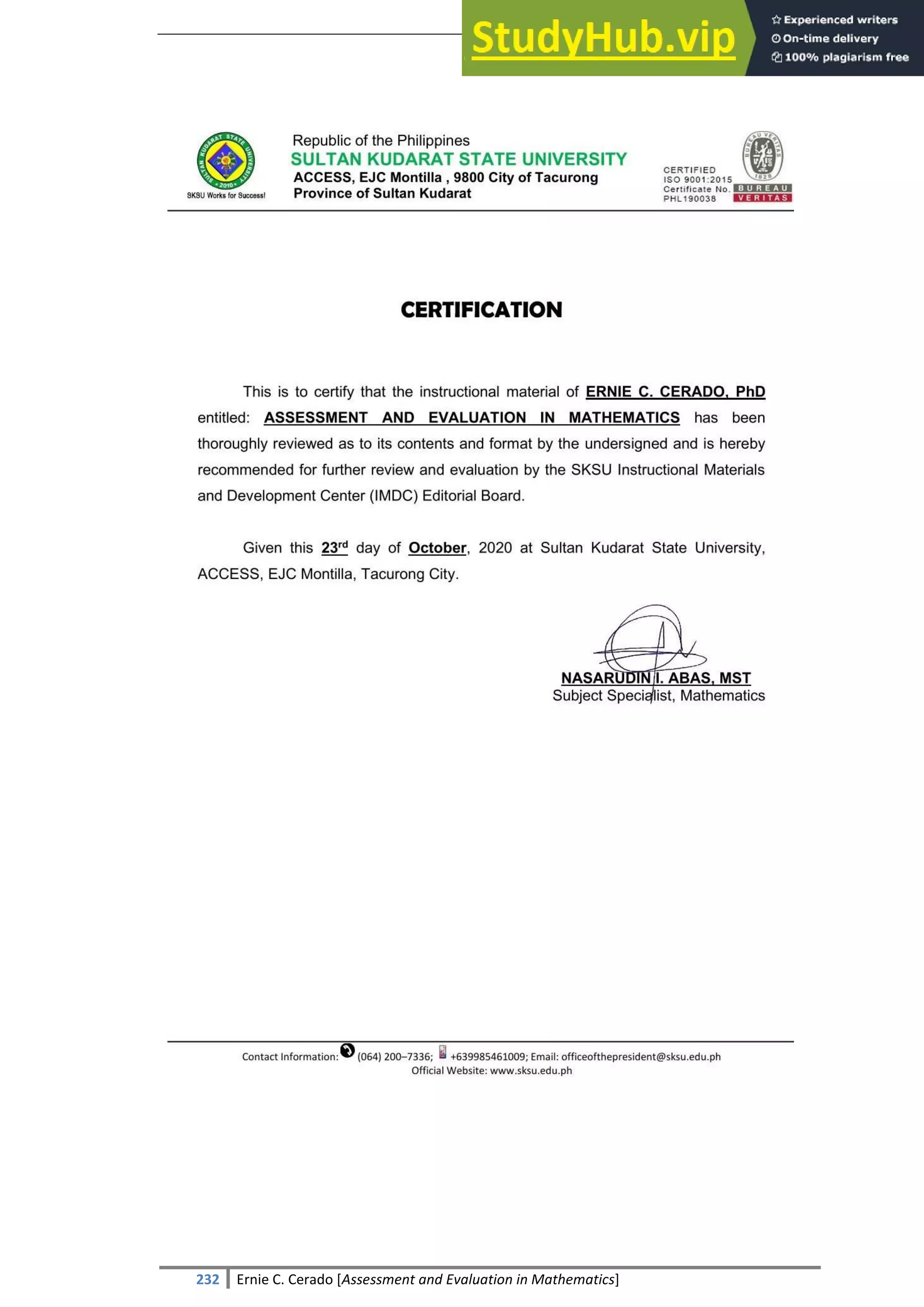 SULTAN KUDARAT STATE UNIVERSITY
232 Ernie C. Cerado [Assessment and Evaluation in Mathematics]
 
