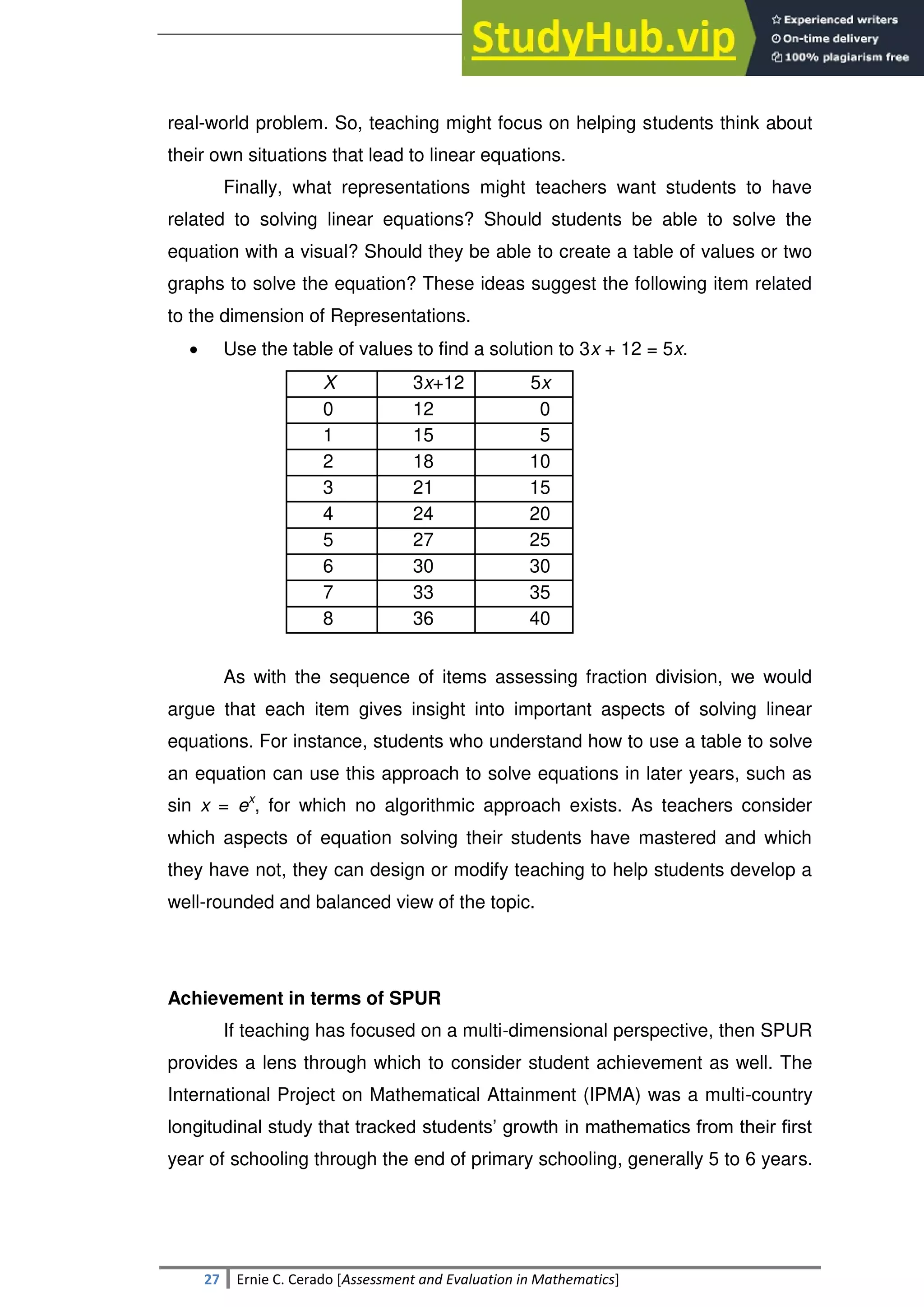 SULTAN KUDARAT STATE UNIVERSITY
27 Ernie C. Cerado [Assessment and Evaluation in Mathematics]
real-world problem. So, teaching might focus on helping students think about
their own situations that lead to linear equations.
Finally, what representations might teachers want students to have
related to solving linear equations? Should students be able to solve the
equation with a visual? Should they be able to create a table of values or two
graphs to solve the equation? These ideas suggest the following item related
to the dimension of Representations.
 Use the table of values to find a solution to 3x + 12 = 5x.
X 3x+12 5x
0 12 0
1 15 5
2 18 10
3 21 15
4 24 20
5 27 25
6 30 30
7 33 35
8 36 40
As with the sequence of items assessing fraction division, we would
argue that each item gives insight into important aspects of solving linear
equations. For instance, students who understand how to use a table to solve
an equation can use this approach to solve equations in later years, such as
sin x = ex
, for which no algorithmic approach exists. As teachers consider
which aspects of equation solving their students have mastered and which
they have not, they can design or modify teaching to help students develop a
well-rounded and balanced view of the topic.
Achievement in terms of SPUR
If teaching has focused on a multi-dimensional perspective, then SPUR
provides a lens through which to consider student achievement as well. The
International Project on Mathematical Attainment (IPMA) was a multi-country
longitudinal study that tracked students‘ growth in mathematics from their first
year of schooling through the end of primary schooling, generally 5 to 6 years.
 
