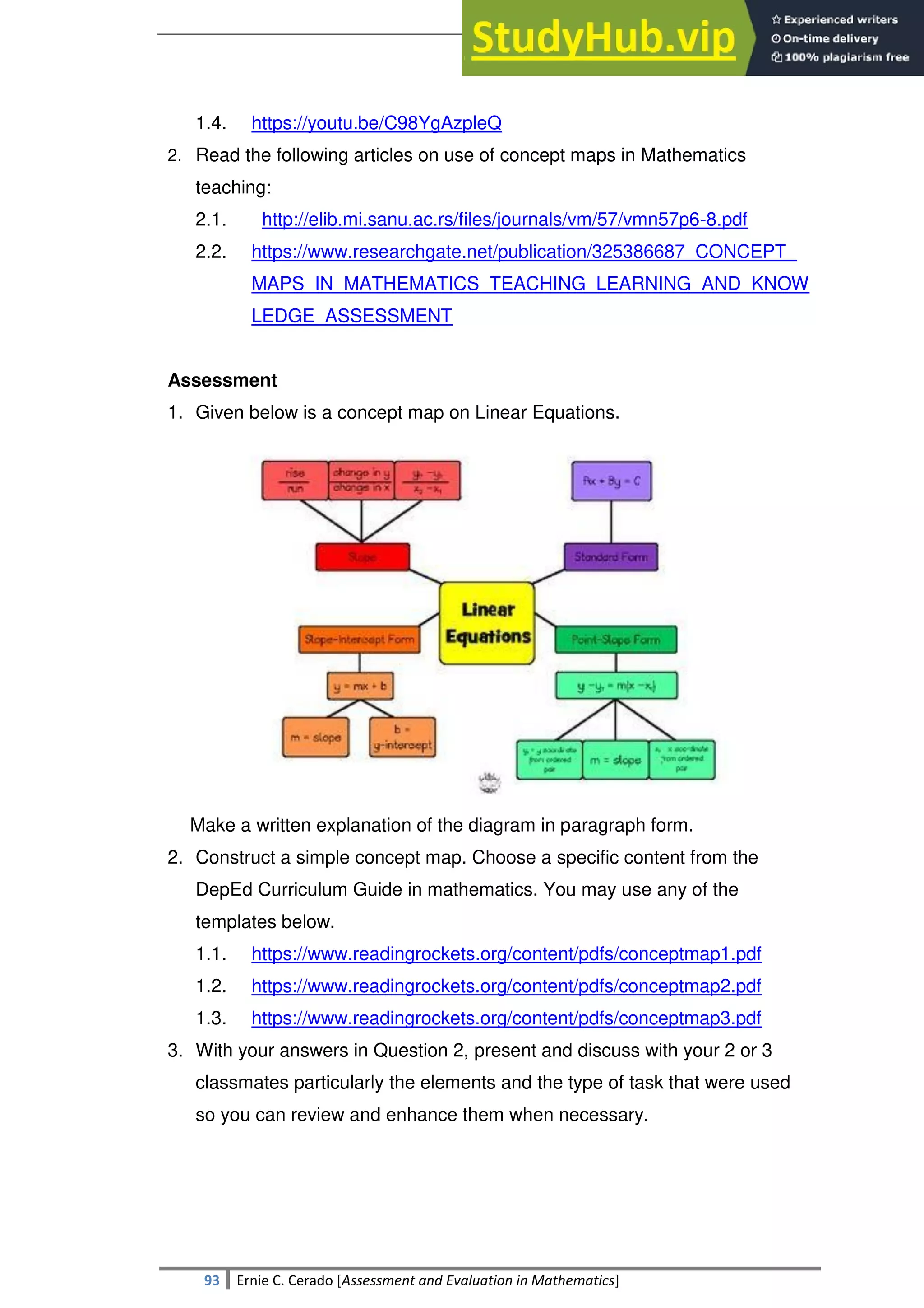 SULTAN KUDARAT STATE UNIVERSITY
93 Ernie C. Cerado [Assessment and Evaluation in Mathematics]
1.4. https://youtu.be/C98YgAzpleQ
2. Read the following articles on use of concept maps in Mathematics
teaching:
2.1. http://elib.mi.sanu.ac.rs/files/journals/vm/57/vmn57p6-8.pdf
2.2. https://www.researchgate.net/publication/325386687_CONCEPT_
MAPS_IN_MATHEMATICS_TEACHING_LEARNING_AND_KNOW
LEDGE_ASSESSMENT
Assessment
1. Given below is a concept map on Linear Equations.
Make a written explanation of the diagram in paragraph form.
2. Construct a simple concept map. Choose a specific content from the
DepEd Curriculum Guide in mathematics. You may use any of the
templates below.
1.1. https://www.readingrockets.org/content/pdfs/conceptmap1.pdf
1.2. https://www.readingrockets.org/content/pdfs/conceptmap2.pdf
1.3. https://www.readingrockets.org/content/pdfs/conceptmap3.pdf
3. With your answers in Question 2, present and discuss with your 2 or 3
classmates particularly the elements and the type of task that were used
so you can review and enhance them when necessary.
 