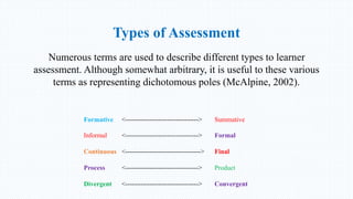 Types of Assessment
Numerous terms are used to describe different types to learner
assessment. Although somewhat arbitrary, it is useful to these various
terms as representing dichotomous poles (McAlpine, 2002).
Formative <---------------------------------> Summative
Informal <---------------------------------> Formal
Continuous <----------------------------------> Final
Process <---------------------------------> Product
Divergent <---------------------------------> Convergent
 