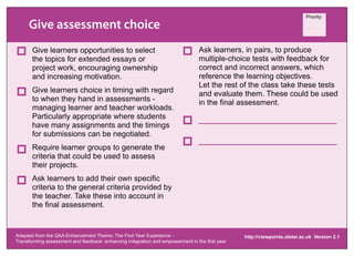 Priority:

     Developopportunities to andon feedback
     Clarify good performance onre ection
     Give assessment choiceort
     Provide self-assessment act
     Deliver high quality e and dialogue
     Encourage time and feedback task
                interaction
       Reduce the the inopportunities to to read for
       Increaseseries of by your learners tests and
       Give feedback numberof academic to count)
       Provide a size tutorials. of opportunities
       Provide opportunities for limiting the word work the
       Create clear definitions Ask learners require-
       Reviewlearners(e.g.online objectiveselectand                             Directly to learners pairs, in monitoring and in
                                                                                Support thatdevelopment to learning groups and
                                                                                Use learners online the of involve relation to
                                                                                Explain involve time rationale oflearners
                                                                                Ask teaching learners to produce
                                                                                Give learners, in multiple-choice assessment
                                                                                Ensure the feedback is provided in tests to do
       ments before learners learning tasks or their
       increaseproblem setsassessments. feedback
       the topics number of tutorials, to assess
       through the for of in can essays
       resubmission extended usewhere
       written feedbackeach learningan assessment and
       quizzes that comments on task.                                           reflecting stated criteria, as this feedback for on
                                                                                learningacommunities.own learning, through the
                                                                                previously on theirthen focus the class teaching
                                                                                and feedback and tests with helps
                                                                                before class techniques.
                                                                                identifying action pointsbased on to link
                                                                                multiple-choice                  for future results of
       (or assessments). Distribute these across the                            areas of identified weakness             the
       discuss this with peers. This ensures that the feedback
       from you is available. of a topic ownership
       project work, encouraging or area of study.
       own understanding
       module. explicit marking that might                                      assessments. Learners could make
                                                                                correct groupwork to help learners to formulate
                                                                                portfolios. theincorrectlearning outcomes.
                                                                                feedback and expected answers, which
                                                                                           to
                                                                                these tests.
       Provide the strategies criteria and be used
       Model and is received when learners get ‘stuck’.                         Construct
                                                                                Before an assessment, let learners examine
       is timely
       performance-level motivation. learners work
       and increasing to give eachand/or
       Make such tasks compulsorywith carry minimal
                                                                                these action points after having read the
                                                                                reference the learning objectives.
       to deal with to definitions.kind of feedback
       Ask learners difficulties
       Encourage learnersrequest the other feedback on an                       connections. to write completed assessments to
                                                                                selected number text’ - a series of small, distributed,
                                                                                Use the examples of reflective essay or
                                                                                Ask a ‘patchworkof criteria for complex tasks;
                                                                                Limit learners
                                                                                feedback comments they types. Each tests
                                                                                written reflectivethe class relation received.
                                                                                Let the rest of superior andhavetake these of
       assessment in relation to published criteria beforestaff
       marks (5/10%) to turnaround time is prompt,their
       in class. would choice in theyengagein regard
       Give learners ensure learners hand but
       Ensure feedback like when timing with ideally
       that they                                                                keep aassignments writingeach other. (individually
                                                                                especially extended of different why to their
                                                                                identify which are journal tasks, where good
                                                                                                             in
                                                                                Ask learners to setthem. These could be used
       Provide opportunities for discussion and                                 these evaluate tasks for
                                                                                and groups). not justthemselveseachcan also be
                                                                                        are complete in             but
       submission.weeks. become assessments
       workload does not
       within two
       to when they hand in
       work.
                                excessive.
                                                     -                          learning. online through where feedback is
                                                                                Provide is tasks a final integrative but
                                                                                or in
                                                                                performance             ticking off     criterion
                                                                                'stitched together'
                                                                                in the final assessment.
       Break up large assessment intofor an parts.
       Avoid releasing the grade smaller
       reflectionaabout criteria and standards before
                                                                                Encourage theinto the of peer study groups or create
                                                                                integrated formation task.
                                                                                is more about producing a holistic response.
       Create natural learner learning the projects.in a of
       learners engage in a andfeedbacklearner
       managing peer dialogue by group inworkloads.
       assessment or task
       Structure
                                    teacher
       Give plentyopportunitiesuntil task. to advance
                   of documentedfor peers
       Monitor performance and provide feedback assess
                                                                                commentary.
                                                                                Help learners learners where learnersto supportin
                                                                                Organise a workshop                        devise,
                                                                                                  to understand and record their
       Particularly so thattimeline of your module.
       learners tasks appropriate are encouraged
                                     where students                             opportunities for         from later years           or
       Structure attempting to the feedback by work
       has provide feedback on each other's
       and responded learners
       staged way over thean assessment, e.g. a to                              Provide learnerstheearly assessments or for
                                                                                Insteadfewer marks for correct answer, point
                                                                                Award of providing with model answers
                                                                                own learningwith you, years. of their own
                                                                                collaboration achievements through portfolios.
                                                                                                           some
       discusssetlearners byproblems’ list. to thebeforehand,
       have many assignments and
       ‘frequently criteria. asking them drawtimings
       Ask learners to reformulate in their own words                           mentor learners in earlier final synthesis. This format
                                                                                allocate all where they can piece ofcorrect answer.
                                                                                             marks for the a find the work.
       commenting on it.
       using the occurring
       Empower criteria and standards expected up their                         assessmentsome choice by allowing
                                                                                assessment tasks and opportunities for
                                                                                learners to criteria for
                                                                                Encourage learners to link these them to
       and return to discuss progress innegotiated. criteria
       ownsubmissions complex learning task. Let them
       for work plan for a can be relation to the
       the documented criteria before they begin the                            gives learners
                                                                                achievements tocomparisonsfinal reflective
                                                                                them which patches theirpathway so skills they to
                                                                                select to make the a own specific criteria
                                                                                                                       against their
                                                                                Link modules together asknowledge, that the same
                                                                                                                               and
       defineThis own be submitted points alongside
       Writethe project.
       Use down some action deliverables at
       task. plentycouldmilestones andwith(CBM). before
       Give their of feedback to learners at theassess-
                                            the point                           Ask learners to attachto include in
                                                                                Ask learners to add three questions that
       duringconfidence-based marking                                           own work.
       ment. they learner groupsfor if generate the
       Require submit their work toassessment. This
       they normal feedback you provide. This
                                                                                attitudes required in future employment. of
                                                                                learners work in the same groups across a number
                                                                                account.
       the begin.must rate their confidence that as
       Learners Assign some marks they deliver their
       which                                                                    would like to criteria provided by you. or what
                                                                                the general know about a assessment,
       Use learner response systems to make assess
       criteriaand on includebehandoutto lectures more
       feedback that could a used outlining
                                                                                modules.
                                                                                Have learners undertake regular small summative
       planned identify for learners what they
       answer might time.
       would is correct. The higher the confidence                              Ask learners, in pairs, improve.
                                                                                aspects they would like toto produce
       their projects.
       Model in class how you would think through and
       interactive. the penalty if the answertheir
                                                                                Work that carry minimal marks, with regular
                                                                                tasks with your learners to develop an agree-
       should do in relation to to improveon/link
       suggestions next time known build is shown
       Provide homework activities that difficulties wrong.
       the higher
       solve exemplar problems.
                                                                                multiple-choice tests over the duration of the
                                                                                Require learners in groups to generate the criteria used
                                                                                feedback.
                                                                                Ask learners to self-assesswhere roles and
       in-class activities to out-of-class activities.                          ment, contract or charter their own work before
       performance. cohorts supplemented by
       by previous learner
       Ask learners to add their own specific the                               module, their projects.
                                                                                to assess with feedback for the correct and
                                                                                submission and provide feedback on learning are
       Facilitate teacher-learner cover sheet with
       Use an assessment feedback in class through                              responsibilities in assessment and this have
                                                                                Provide learners with mock exams so they
       Provide explanations. Learners are most receptive
       in-class to to presentmodel answers for
       Ask learnersthe general criteria provided by
       criteria learners with techniques.through their
                                 and work                                       incorrect answers.
       use oflearners to find one or twoand
       Ask in-class feedback                     examples
       solutions in totasks and opportunities to make                           self-assessmentexperience what is required foritself.
                                                                                opportunities to as to produce multiple-choice
                                                                                defined.
                                                                                Ask learners, in pairs,well as on the assessmenttests,
       for feedback encourage reflection
       questions class supported by peer comments.
       assessment when they have just worked through
       the teacher. Take these into account in                                  summative assessment in a safe environment.
       of feedbackagainstshort questions on paperaat end
                         comments that they found
       self-assessment. Ask learners to make                                    with feedback for the correct and incorrect answers.
       the assessment.
       their learning
       Alignfinal assessment.
       Ask learners to tasks so their students have
       comparisons answer that own work.
       opportunitiesabout whether they have methelp
       useful and to practisehow these might the
       judgement explain provide feedback and
       of class. Use the results to the skills required before
       them with future assessments.
       the work is marked. estimate mark they expect.
       stated criteria and
       stimulate discussion at the next class.

Adapted from the QAA Enhancement Theme: The First Year Experience -                               http://viewpoints.ulster.ac.uk Version 2.1
Transforming assessment and feedback: enhancing integration and empowerment in the first year
 