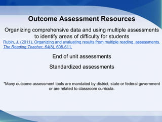 Outcome Assessment Resources
Organizing comprehensive data and using multiple assessments
to identify areas of difficulty for students
Rubin, J. (2011). Organizing and evaluating results from multiple reading assessments.
The Reading Teacher, 64(8), 606-611.
End of unit assessments
Standardized assessments
*Many outcome assessment tools are mandated by district, state or federal government
or are related to classroom curricula.
 