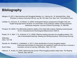Bibliography
Allington, R. (2011). Best practices with Struggling Readers. In L. Morrow & L. B. Gambrell (Eds.), Best
Practices in Literacy Instruction (4th ed., pp. 96-116). New York, New York: The Guilford Press.
Linklater, D., O'Connor, R., & Palardy, G. (2009). Kindergarten literacy assessment of English Only and
English language learner students: An examination of the predictive validity of three phonemic
awareness measures. Journal of School Psychology, 47, 369-394.
Pomplum, M. (2004). The differential predictive validity of the initial skills analysis: Reading screening tests
for K-3. Educational and Psychological Measurement, 64(813)
Rupley, W. H., Blair, T. R., & Nichols, W. D. (2009). Effective reading instruction for struggling readers: The
role of direct/explicit teaching. Reading and Writing Quarterly: Overcoming LEarning
Difficulties,
24(2), 125-138.
Rynolds, M., Wheldall, K., & Madelain, A. (2011). Early identification of young struggling readers:
Preliminary benchmarks for intervention for students in years one and two in schools in
South Wales. Australian Journal of Learning Difficulties, 16(2), 127-143.
Valencia , S., & Buly, M. (2004). Behind the test scores: What struggling readers really need. The Reading
Teacher, 6(6), 520-531
 
