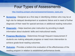 Four Types of Assessments
http://reading.uoregon.edu/cia/assessment/assess_types.php
• Screening - Designed as a first step in identifying children who may be at
high risk for delayed development or academic failure and in need of further
diagnosis of their need for special services or additional reading instruction.
• Diagnostic - Helps teachers plan instruction by providing in-depth
information about students' skills and instructional needs.
• Progress Monitoring - Determines through frequent measurement if
students are making adequate progress or need more intervention to
achieve grade-level reading outcomes.
• Outcome - Provides a bottom-line evaluation of the effectiveness of the
reading program in relation to established performance levels.
 