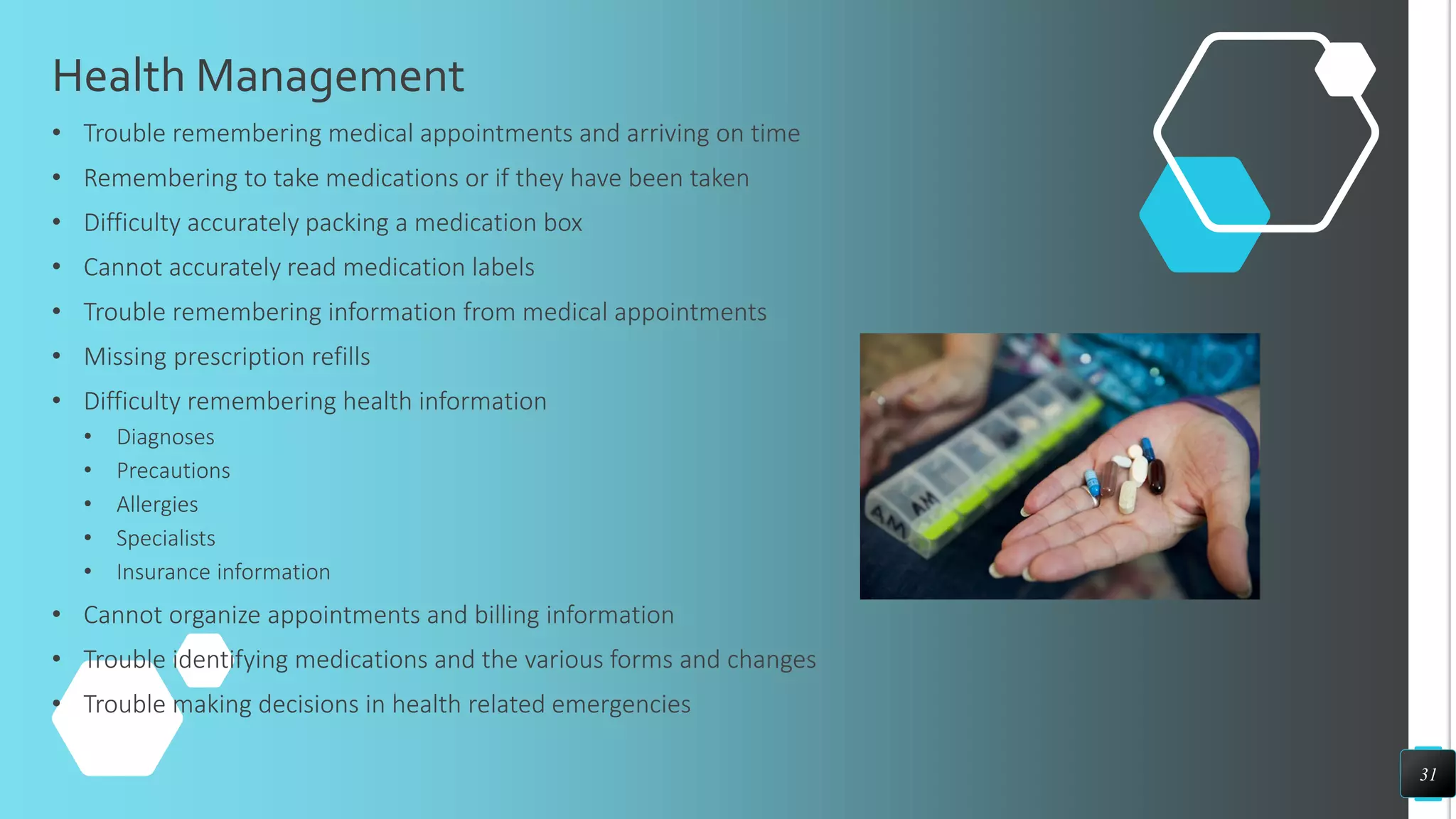 Health Management
• Trouble remembering medical appointments and arriving on time
• Remembering to take medications or if they have been taken
• Difficulty accurately packing a medication box
• Cannot accurately read medication labels
• Trouble remembering information from medical appointments
• Missing prescription refills
• Difficulty remembering health information
• Diagnoses
• Precautions
• Allergies
• Specialists
• Insurance information
• Cannot organize appointments and billing information
• Trouble identifying medications and the various forms and changes
• Trouble making decisions in health related emergencies
31
 