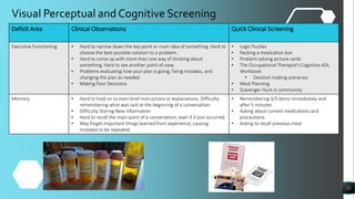 12
Visual Perceptual and Cognitive Screening
Deficit Area Clinical Observations Quick Clinical Screening
Executive Functioning • Hard to narrow down the key point or main idea of something. Hard to
choose the best possible solution to a problem.
• Hard to come up with more than one way of thinking about
something. Hard to see another point of view.
• Problems evaluating how your plan is going, fixing mistakes, and
changing the plan as needed.
• Making Poor Decisions
• Logic Puzzles
• Packing a medication box
• Problem solving picture cards
• The Occupational Therapist's Cognitive ADL
Workbook
• Decision making scenarios
• Meal Planning
• Scavenger Hunt in community
Memory • Hard to hold on to even brief instructions or explanations. Difficulty
remembering what was said at the beginning of a conversation.
• Difficulty Storing New Information
• Hard to recall the main point of a conversation, even if it just occurred.
• May forget important things learned from experience, causing
mistakes to be repeated.
• Remembering 3/3 items immediately and
after 5 minutes
• Asking about current medications and
precautions
• Asking to recall previous meal
 