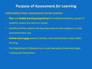 Purpose of Assessment for Learning
Information from assessment can be used to:
• Plan and modify learning programmes for individual students, groups of
students, and/or the class as a whole.
• Identify and then address the learning needs of each student in a clear
and constructive way.
• Involve and engage parents, families, and communities in their child's
learning.
• The Department of Education can undertake policy review and target
funding and intervention.
 