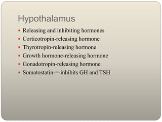 Hypothalamus
 Releasing and inhibiting hormones
 Corticotropin-releasing hormone
 Thyrotropin-releasing hormone
 Growt...