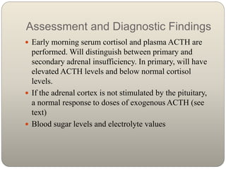 Assessment and Diagnostic Findings
 Early morning serum cortisol and plasma ACTH are
performed. Will distinguish between ...