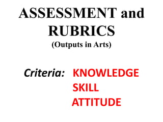 ASSESSMENT and
RUBRICS
(Outputs in Arts)
Criteria: KNOWLEDGE
SKILL
ATTITUDE
 