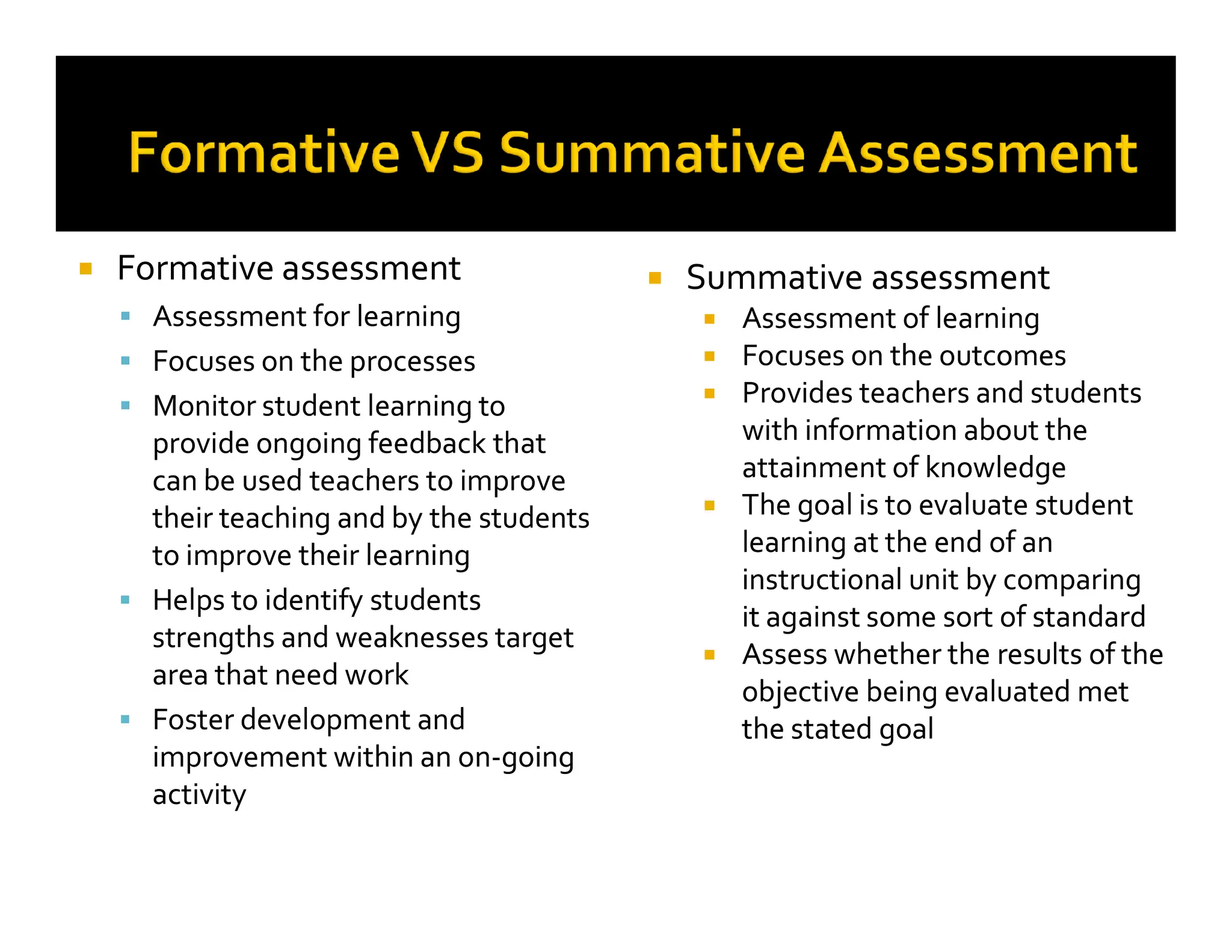
 Formative assessment
Formative assessment

 Assessment for learning
Assessment for learning

 Focuses on the processes
Focuses on the processes

 Monitor student learning to
Monitor student learning to
provide ongoing feedback that
provide ongoing feedback that
can be used teachers to improve
can be used teachers to improve

 Summative assessment
Summative assessment

 Assessment of learning
Assessment of learning

 Focuses
Focuses on the outcomes
on the outcomes

 Provides teachers and students
Provides teachers and students
with information about the
with information about the
attainment of knowledge
attainment of knowledge
can be used teachers to improve
can be used teachers to improve
their teaching and by the students
their teaching and by the students
to improve their learning
to improve their learning

 Helps to identify students
Helps to identify students
strengths and weaknesses target
strengths and weaknesses target
area that need work
area that need work

 Foster development and
Foster development and
improvement within an on
improvement within an on-
-going
going
activity
activity
attainment of knowledge
attainment of knowledge

 The goal is to evaluate student
The goal is to evaluate student
learning at the end of an
learning at the end of an
instructional unit by comparing
instructional unit by comparing
it against some sort of standard
it against some sort of standard

 Assess whether the results of the
Assess whether the results of the
objective being evaluated met
objective being evaluated met
the stated goal
the stated goal
 