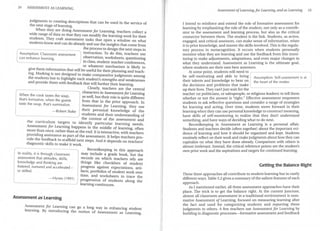 24 ASSESSMENT AS LEARNING
judgments to creating descriptions that can be used in the service of
the next stage oflearning.
. When they are doing Assessment for Leaming, teachers collect a
wide range of data so that they can modify the learning work for their
students. They craft assessment tasks that open a window on what
students know and can do already and use the insights that come from
Assumption: Classroom assessment
can enhance learning.
the process to design the next steps in
instruction. To do this, teachers use
observation, worksheets, questioning
in class, student-teacher conferences
. . . or whatever mechanism is likely t~
?1ve them_mf~rmat10n that will be useful for their planning and teach-
mg. Marking 1s not designed to make comparative judgments among
the students but to highlight each student's strengths and weaknesses
and provide them with feedback that will further their learning.
When the cook tastes the soup,
that's formative; when the guests
taste the soup, that's summative.
Clearly, teachers are the central
characters in Assessment for Leaming
as well, but their role is quite different
from that in the prior approach. In
Assessment for Leaming, they use
-Robert Stake their personal knowledge of the
students and their understanding of
the context of the assessment and
the curriculum targets to identify particular learning needs.
Assessment for Leaming happens in the middle of learning, often
more than once, rather than at the end. It is interactive with teachers
P:oviding assistance as part of the assessment. It help~ teachers pro-
v~de the ~eed?ack to scaffold next steps. And it depends on teachers'
d1agnost1c skills to make it work.
In reality, it is through classroom
assessment that attitudes, ski!Is,
knowledge and thinking are
fostered, nurtured and accelerated -
or stifled.
- Hynes (1991)
Assessment as Learning
Recordkeeping in this approach
may include a grade book, but the
records on which teachers rely are
things like checklists of student
progress against expectations, arti-
facts, portfolios of student work over
time, and worksheets to trace the
progression of students along the
learning continuum.
Asses~ment f~r Leami?-g can go a long way in enhancing student
leammg. By mtroducmg the notion of Assessment as Leaming,
Assessment ofLearning, for Learning, and as Learning 25
I intend to reinforce and extend the role of formative assessment for
learning by emphasizing the role ofthe student, not only as a co~t~ib-
utor to the assessment and learning process, but also as the cnt1cal
connector between them. The student is the link. Students, as active,
engaged, and critical assessors, can make sense of information, relate
it to prior knowledge, and master the skills involved.This is the regula-
tory process in metacognition. It occurs when students p~rsonall_y
monitor what they are learning and use the feedback from this mom-
taring to make adjustments, adaptations, and even major changes in
what they understand. Assessment as Learning is the ultimate goal,
where students are their own best assessors.
At some point, students will need to
be self-motivating and able to bring Assumption: Self-assessment is at
their talents and knowledge to bear on the heart of the matter.
the decisions and problems that make
up their lives. They can't just wait for the
teacher (or politicians, or salespeople, or religious leaders) to tell them
whether or not the answer is "right." Effective assessment empowers
students to ask reflective questions and consider a range of strategies
for learning and acting. Over time, students move forward in t~eir
learning when they can use personal knowledge to construct meanmg,
have skills of self-monitoring to realize that they don't understand
something, and have ways of deciding what to do next.
Recordkeeping in Assessment as Leaming is a personal affair.
Students and teachers decide (often together) about the important evi-
dence of learning and how it should be organized and kept. Students
routinely reflect on theirwork and make judgments a_bout h?w they c~
capitalize on what they have done already. Companson with others 1s
almost irrelevant. Instead, the critical reference points are the student's
own prior work and the aspirations and targets for continued learning.
Getting the Balance Right
These three approaches all contribute to student learning but in vastly
different ways. Table 3.2 gives a summary ofthe salient features ofeach
approach. .
As I mentioned earlier, all three assessment approaches have the1r
place. The trick is to get the balance right. At the current juncture,
almost all classroom assessment in a traditional environment is sum-
mative Assessment a/Leaming, focused on measuring learning after
the fact and used for categorizing students and reporting these
judgments to others. A few teachers use Assessment for Leaming by
building in diagnostic processes-formative assessment and feedback
 