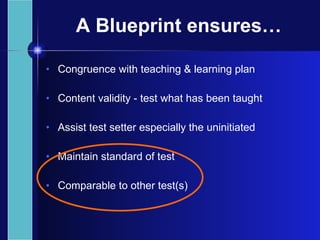 A Blueprint ensures… <ul><li>Congruence with teaching & learning plan </li></ul><ul><li>Content validity - test what has b...