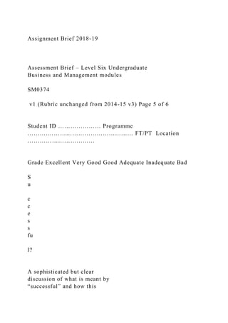 Assignment Brief 2018-19
Assessment Brief – Level Six Undergraduate
Business and Management modules
SM0374
v1 (Rubric unchanged from 2014-15 v3) Page 5 of 6
Student ID ………………… Programme
……….…………………………………… FT/PT Location
……………………………
Grade Excellent Very Good Good Adequate Inadequate Bad
S
u
c
c
e
s
s
fu
l?
A sophisticated but clear
discussion of what is meant by
“successful” and how this
 