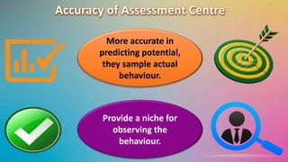 More accurate in 
predicting potential, 
they sample actual 
behaviour. 
Provide a niche for 
observing the 
behaviour. 
 