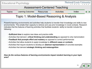 Assessment-Centered Teaching
Educational Psychology
Topic 1: Model-Based Reasoning & Analysis
Powerful learning environments and activities help students to transfer their knowledge and skills to new
environments. This entails their capacity to retrieve and use prior knowledge in novel contexts. Research
indicates that the features of learning activities that facilitate students’ ability to transfer include the
following:
–Sufficient time to explore new ideas and practice skills
–Activities that demand critical thinking and understanding as opposed to only memorization
–Feedback that prompts effort and mastery as opposed to correct performances
–Activities that allow students to apply knowledge to different cases or contexts
–Activities that require students to develop an abstract representation of concrete examples
–Activities that demand strategic thinking and metacognition
How do the various features of learning environments impact student learning in your topic
area?
13
 