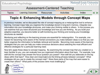 Assessment-Centered Teaching
Educational Psychology
Topic 4: Enhancing Models through Concept Maps
In previous modules, we’ve discussed the role of concept mapping as a metacognitive tool to enhance
learning. Concept maps help you organize the knowledge stored in long-term memory, integrate new
information into your knowledge structures, and make your thinking visible to others. In the process you
can examine how you have structured your knowledge and how you are thinking. As you build your
adaptive expertise, you become better at self-monitoring your thinking and revising your knowledge
structures as needed.
Monitoring and reflecting on the learning process are essential for metacognition. For example, one
reason for becoming more aware of the mental connections you make between ideas is so that you can
better organize the information to facilitate retrieval and transfer. Becoming more aware of the learning
strategies that you use can help you make conscious decisions about selecting the most efficient and
effective strategies for a particular learning need.
Now let’s apply these ideas to concept mapping. By examining the concept map that you created on a
topic familiar to you, you can evaluate how you organized information about that topic. For example, how
well did the concept map answer the focus question you posed? How well did you elaborate on the big
ideas within that topic? How clear and meaningful are the linking phrases between concepts? What
strategies did you use to create the concept map? Were there parts of the map that were easier to
create than others? What parts of the process were most challenging?
22
 