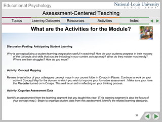 Assessment-Centered Teaching
Educational Psychology
31
What are the Activities for the Module?
Discussion Posting: Anticipating Student Learning
Why is conceptualizing a student learning progression useful in teaching? How do your students progress in their mastery
of the concepts and skills that you are including in your content concept map? What do they master most easily?
Where are their struggles? How do you know?
Activity: Concept Mapping
Review three to four of your colleagues concept maps in our course folder in Cmaps in Places. Continue to work on your
content Concept Map for the domain in which you wish to improve your formative assessment . Make sure your have
the Recorder turned on in Cmaps. This well be an aid in reflecting on your thinking process.
Activity: Organize Assessment Data
Identify an assessment from the learning segment that you taught this year. (This learning segment is also the focus of
your concept map.) Begin to organize student data from this assessment. Identify the related learning standards.
 