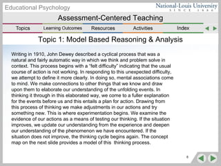 Assessment-Centered Teaching
Educational Psychology
Topic 1: Model Based Reasoning & Analysis
Writing in 1910, John Dewey described a cyclical process that was a
natural and fairly automatic way in which we think and problem solve in
context. This process begins with a “felt difficulty” indicating that the usual
course of action is not working. In responding to this unexpected difficulty,
we attempt to define it more clearly. In doing so, mental associations come
to mind. We make connections to other things that we know and draw
upon them to elaborate our understanding of the unfolding events. In
thinking it through in this elaborated way, we come to a fuller explanation
for the events before us and this entails a plan for action. Drawing from
this process of thinking we make adjustments in our actions and try
something new. This is where experimentation begins. We examine the
evidence of our actions as a means of testing our thinking. If the situation
improves, we update our understanding from the experience and deepen
our understanding of the phenomenon we have encountered. If the
situation does not improve, the thinking cycle begins again. The concept
map on the next slide provides a model of this thinking process.
6
 