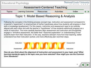 Assessment-Centered Teaching
Educational Psychology
Topic 1: Model Based Reasoning & Analysis
Following the concepts in the thinking process concept map, instruction and assessment correspond to
a teacher’s “experiment” or empirical test of his/her hypotheses about how students will progress in their
skill or knowledge development. For this reason, instruction and assessment need to be carefully
aligned with each other and with the teacher’s “hypotheses” of how students will/should progress as a
result of instruction. The more carefully teachers align assessment and instruction and thoughtfully
engage in formative assessment, the better their “reasoned explanation” or understanding of how
students learn from their instruction. In this way, teachers will learn more from their teaching, better
understand how their instruction worked, and more effectively plan next their steps.
How do you think about the alignment of instruction and assessment in your topic area? What
learning standards apply to the topic area you have selected? How might you use the Common
Core Standards?
9
 