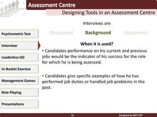 Designed by MET-CET31
Designing Tools in an Assessment Centre
Psychometric Test
Interview
Leaderless GD
In-Basket Exercise
Management Games
Presentations
Role Playing
Interviews are
When it is used?
• Candidates performance on his current and previous
jobs would be the indicator of his success for the role
for which he is being assessed.
• Candidates give specific examples of how he has
performed job duties or handled job problems in the
past.
Structured Background Situational
 