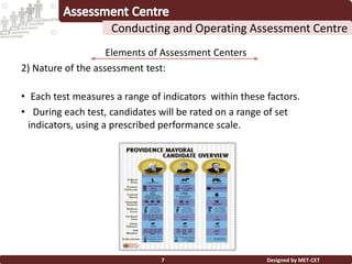 Elements of Assessment Centers
2) Nature of the assessment test:
• Each test measures a range of indicators within these factors.
• During each test, candidates will be rated on a range of set
indicators, using a prescribed performance scale.
Designed by MET-CET7
Conducting and Operating Assessment Centre
 
