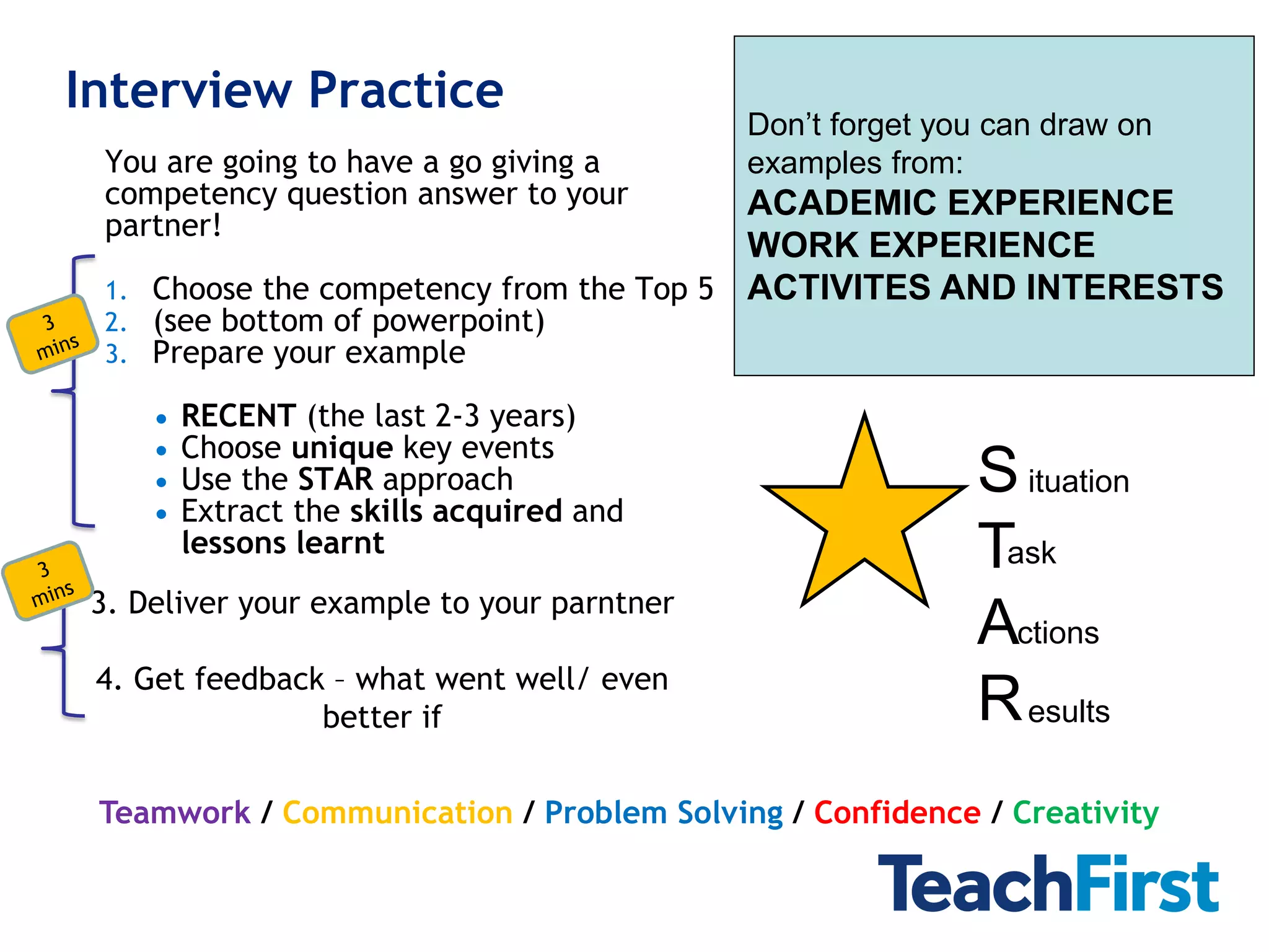Interview Practice
                                            Don’t forget you can draw on
 You are going to have a go giving a        examples from:
 competency question answer to your       ACADEMIC EXPERIENCE
 partner!
                                          WORK EXPERIENCE
 1.  Choose the competency from the Top 5 ACTIVITES AND INTERESTS
 2. (see bottom of powerpoint)
 3. Prepare your example

      RECENT (the last 2-3 years)
      Choose unique key events
      Use the STAR approach
      Extract the skills acquired and
                                                           S ituation
       lessons learnt                                      Task
 3. Deliver your example to your parntner
                                                           Actions
 4. Get feedback – what went well/ even
                better if                                  R esults
 Teamwork / Communication / Problem Solving / Confidence / Creativity
 