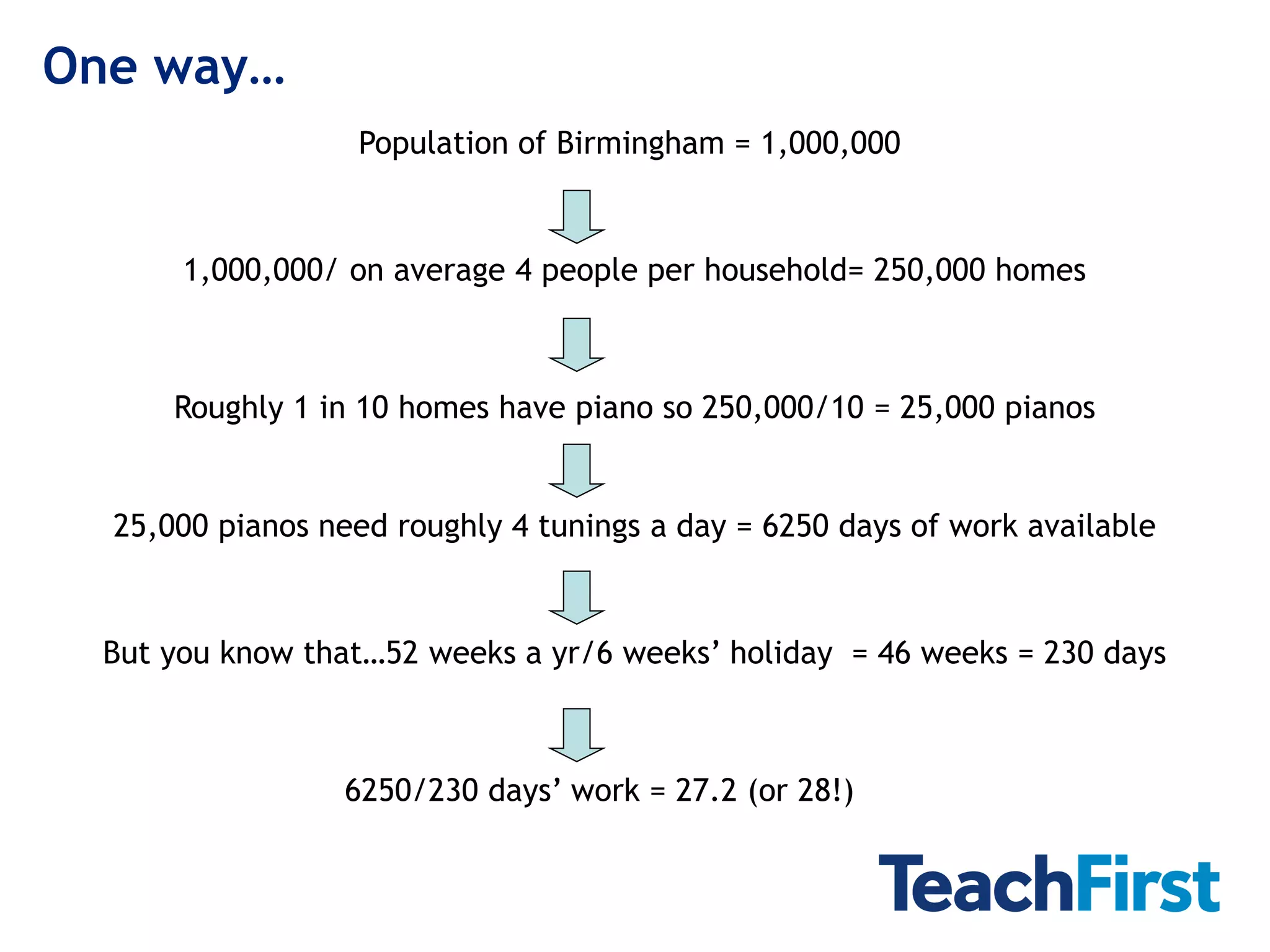 One way…
                  Population of Birmingham = 1,000,000



      1,000,000/ on average 4 people per household= 250,000 homes



      Roughly 1 in 10 homes have piano so 250,000/10 = 25,000 pianos


  25,000 pianos need roughly 4 tunings a day = 6250 days of work available



 But you know that…52 weeks a yr/6 weeks’ holiday = 46 weeks = 230 days



                 6250/230 days’ work = 27.2 (or 28!)
 