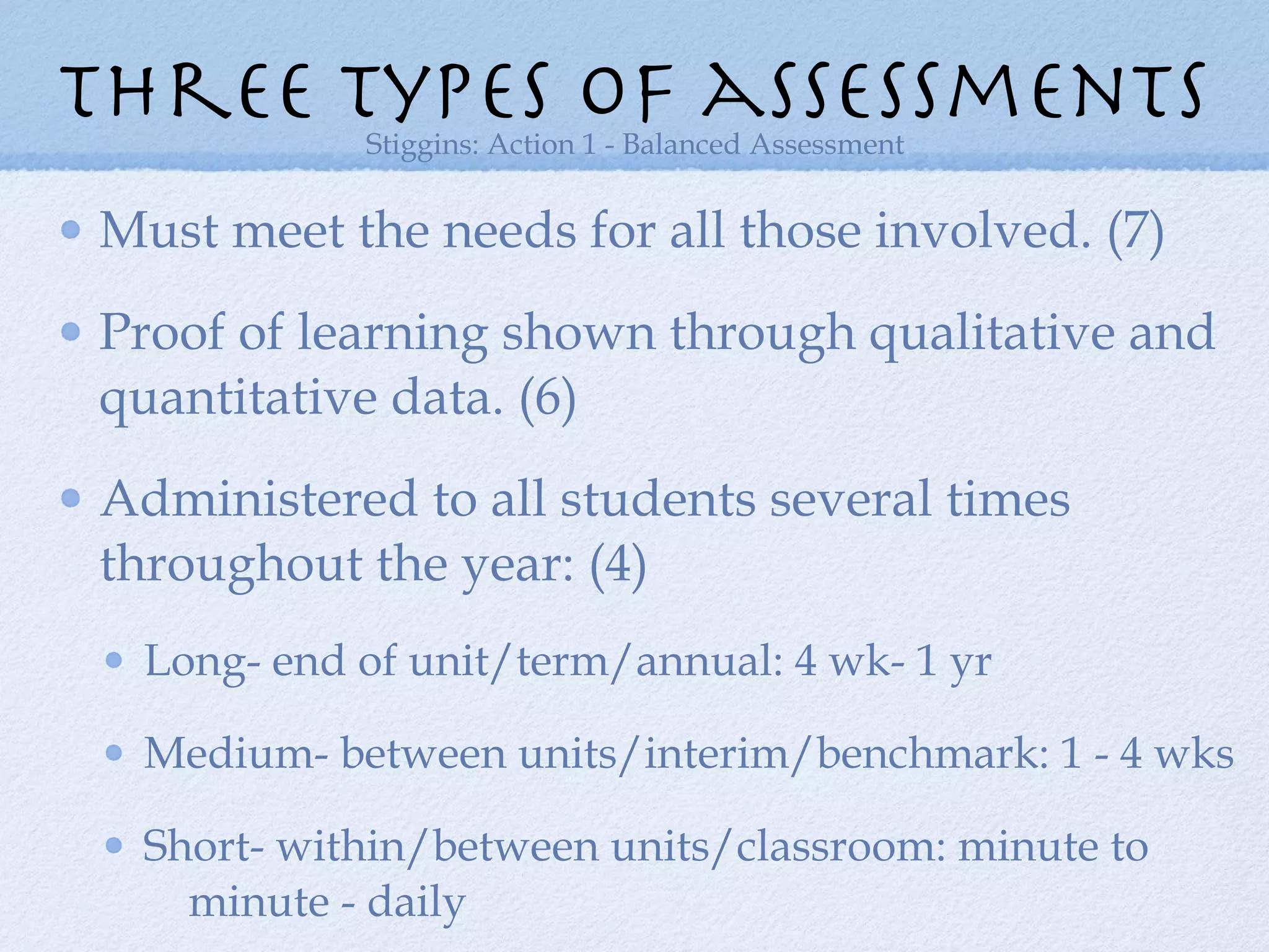 Must meet the needs for all those involved. (7) Proof of learning shown through qualitative and quantitative data. (6) Administered to all students several times throughout the year: (4) Long- end of unit/term/annual: 4 wk- 1 yr  Medium- between units/interim/benchmark: 1 - 4 wks Short- within/between units/classroom: minute to  minute - daily  Stiggins: Action 1 - Balanced Assessment three types of assessments 
