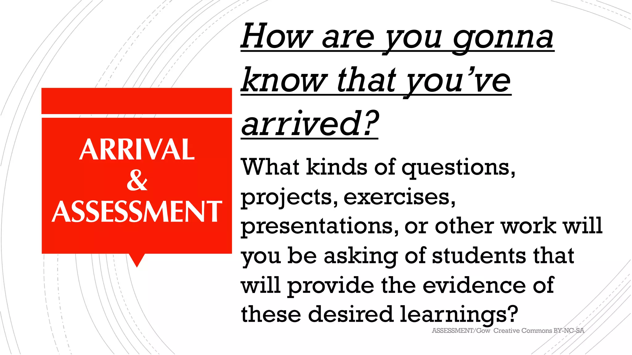 How are you gonna
know that you’ve
arrived?
What kinds of questions,
projects, exercises,
presentations, or other work will
you be asking of students that
will provide the evidence of
these desired learnings?
ARRIVAL
&
ASSESSMENT
ASSESSMENT/Gow Creative Commons BY-NC-SA
 