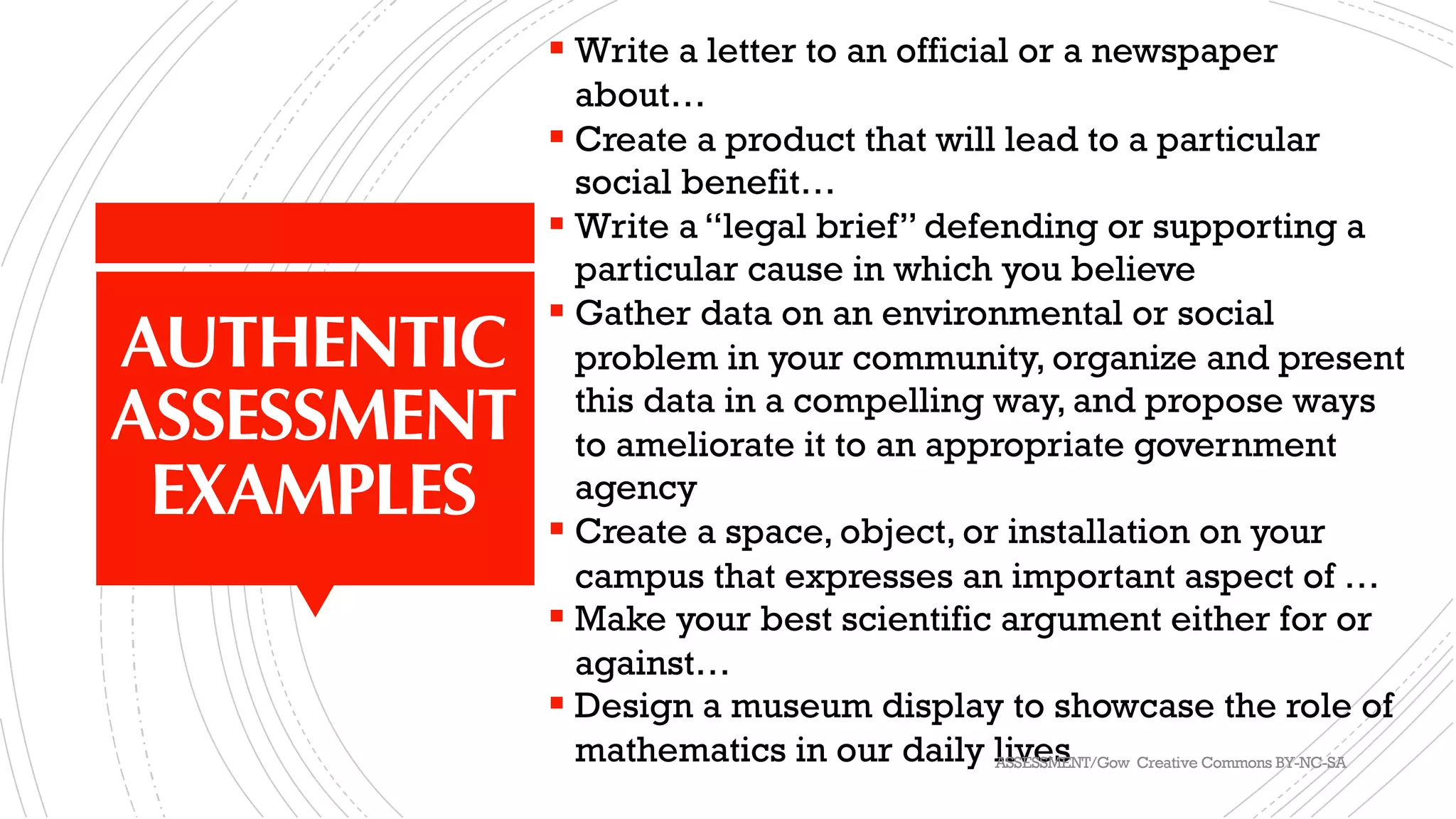 AUTHENTIC
ASSESSMENT
EXAMPLES
§ Write a letter to an official or a newspaper
about…
§ Create a product that will lead to a particular
social benefit…
§ Write a “legal brief” defending or supporting a
particular cause in which you believe
§ Gather data on an environmental or social
problem in your community, organize and present
this data in a compelling way, and propose ways
to ameliorate it to an appropriate government
agency
§ Create a space, object, or installation on your
campus that expresses an important aspect of …
§ Make your best scientific argument either for or
against…
§ Design a museum display to showcase the role of
mathematics in our daily livesASSESSMENT/Gow Creative Commons BY-NC-SA
 