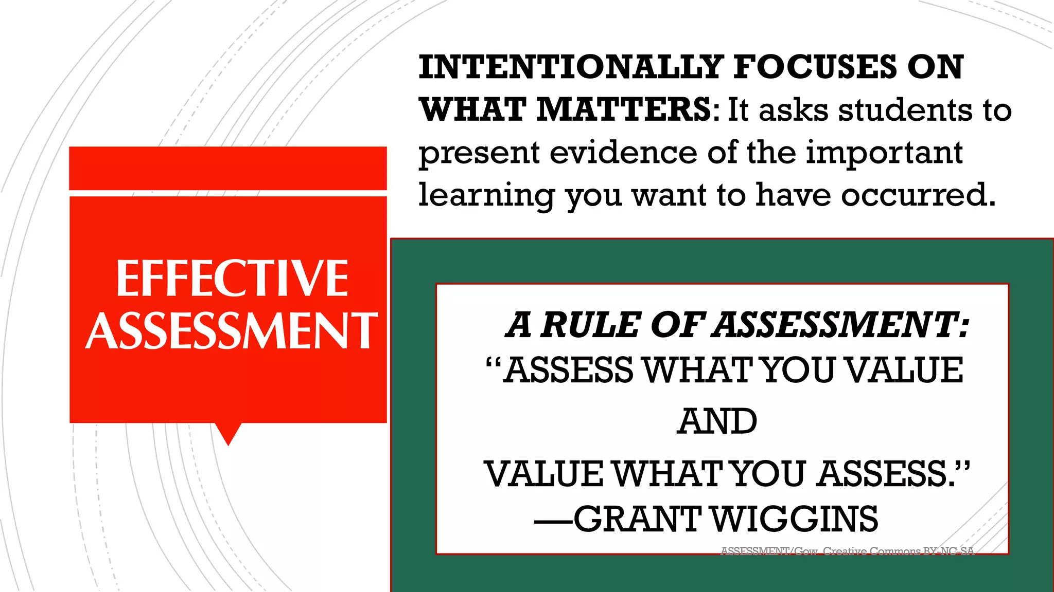 EFFECTIVE
ASSESSMENT
INTENTIONALLY FOCUSES ON
WHAT MATTERS: It asks students to
present evidence of the important
learning you want to have occurred.
A RULE OF ASSESSMENT:
“ASSESS WHATYOU VALUE
AND
VALUE WHATYOU ASSESS.”
—GRANT WIGGINS
ASSESSMENT/Gow Creative Commons BY-NC-SA
 
