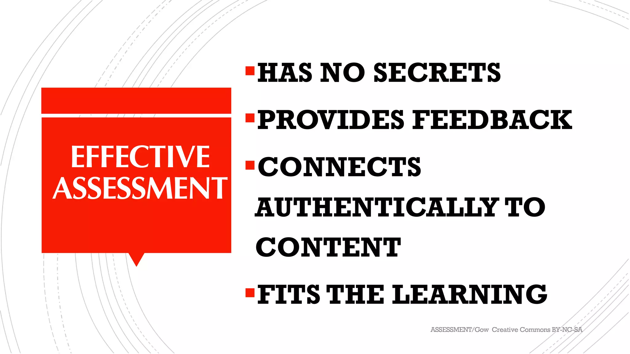 EFFECTIVE
ASSESSMENT
§HAS NO SECRETS
§PROVIDES FEEDBACK
§CONNECTS
AUTHENTICALLY TO
CONTENT
§FITS THE LEARNING
ASSESSMENT/Gow Creative Commons BY-NC-SA
 