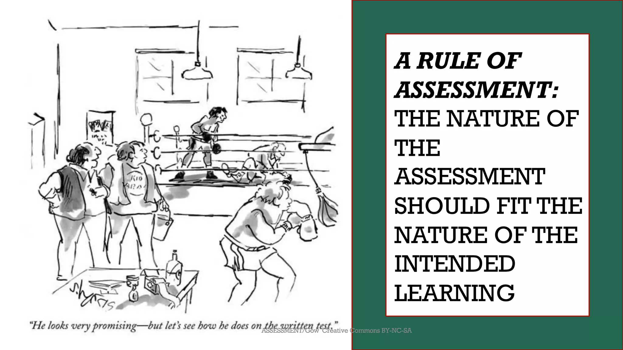 A RULE OF
ASSESSMENT:
THE NATURE OF
THE
ASSESSMENT
SHOULD FIT THE
NATURE OF THE
INTENDED
LEARNING
ASSESSMENT/Gow Creative Commons BY-NC-SA
 