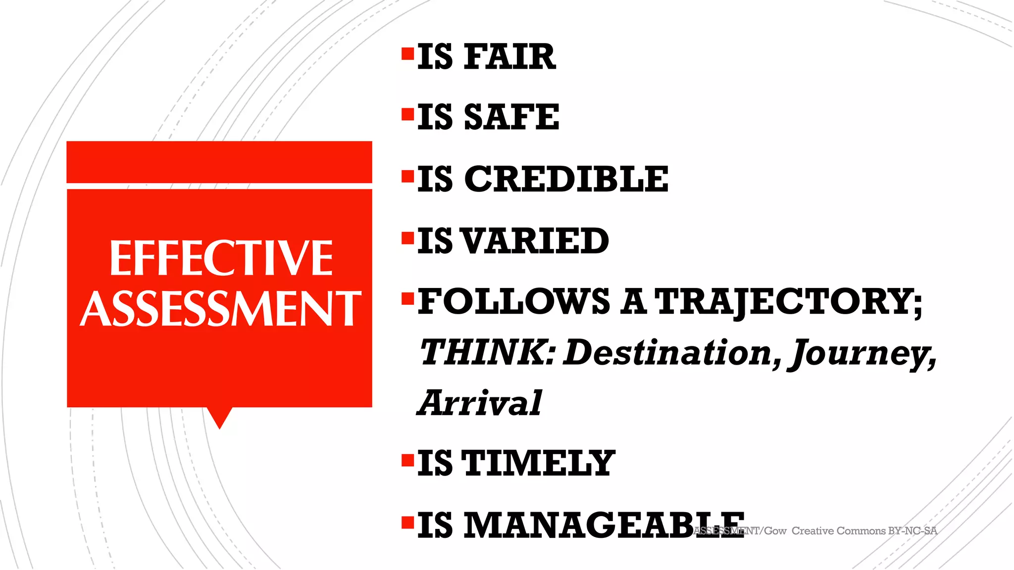 EFFECTIVE
ASSESSMENT
§IS FAIR
§IS SAFE
§IS CREDIBLE
§IS VARIED
§FOLLOWS A TRAJECTORY;
THINK: Destination, Journey,
Arrival
§IS TIMELY
§IS MANAGEABLEASSESSMENT/Gow Creative Commons BY-NC-SA
 