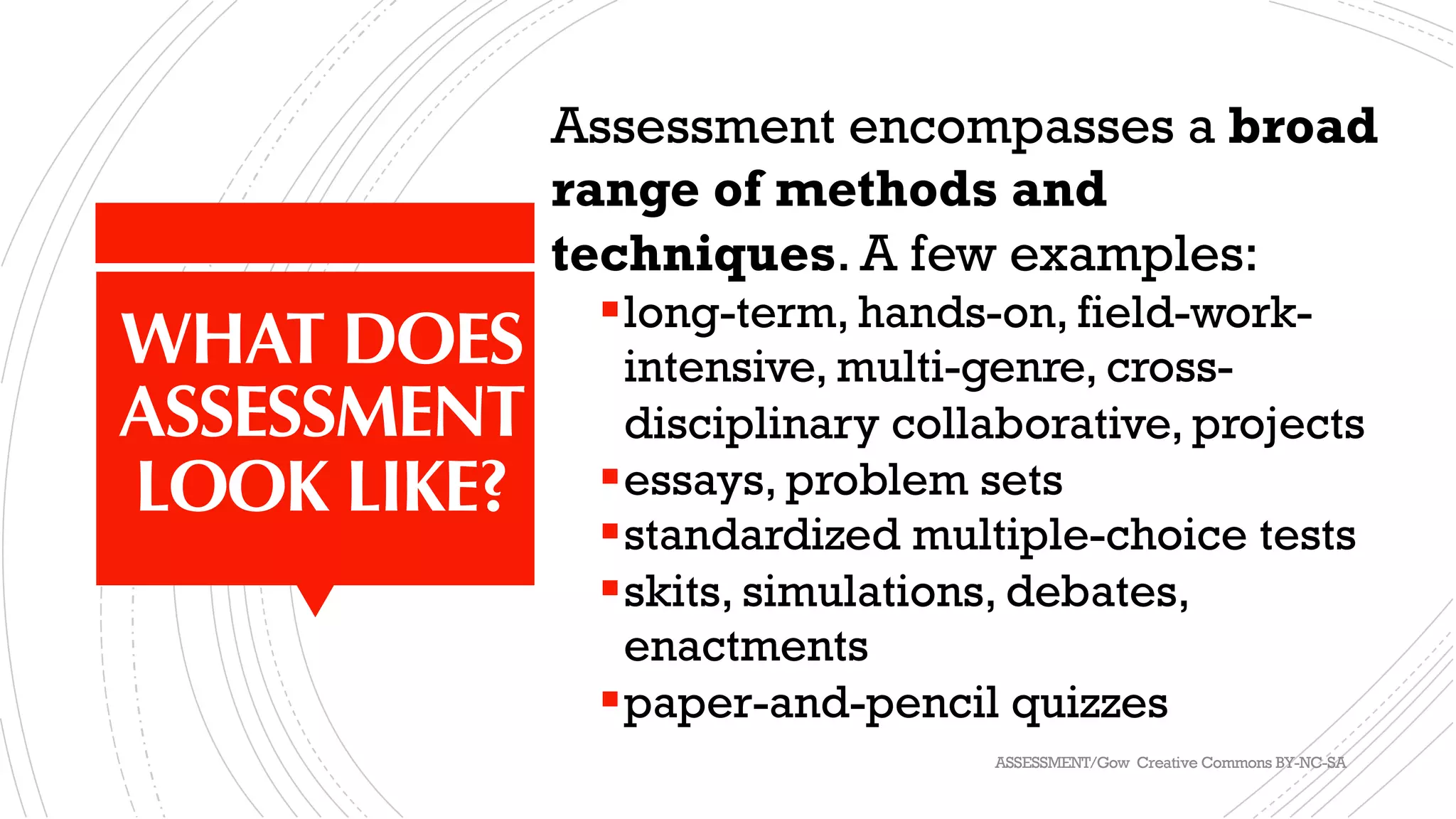 WHAT DOES
ASSESSMENT
LOOK LIKE?
Assessment encompasses a broad
range of methods and
techniques. A few examples:
§long-term, hands-on, field-work-
intensive, multi-genre, cross-
disciplinary collaborative, projects
§essays, problem sets
§standardized multiple-choice tests
§skits, simulations, debates,
enactments
§paper-and-pencil quizzes
ASSESSMENT/Gow Creative Commons BY-NC-SA
 