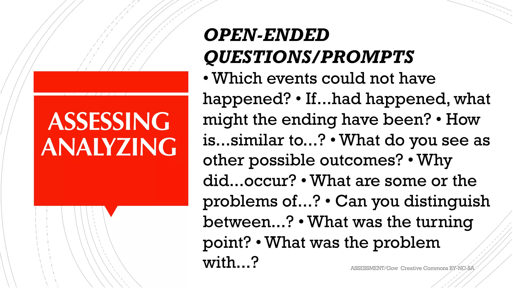 ASSESSING
ANALYZING
OPEN-ENDED
QUESTIONS/PROMPTS
• Which events could not have
happened? • If...had happened, what
might the ending have been? • How
is...similar to...? • What do you see as
other possible outcomes? • Why
did...occur? • What are some or the
problems of...? • Can you distinguish
between...? • What was the turning
point? • What was the problem
with...? ASSESSMENT/Gow Creative Commons BY-NC-SA
 