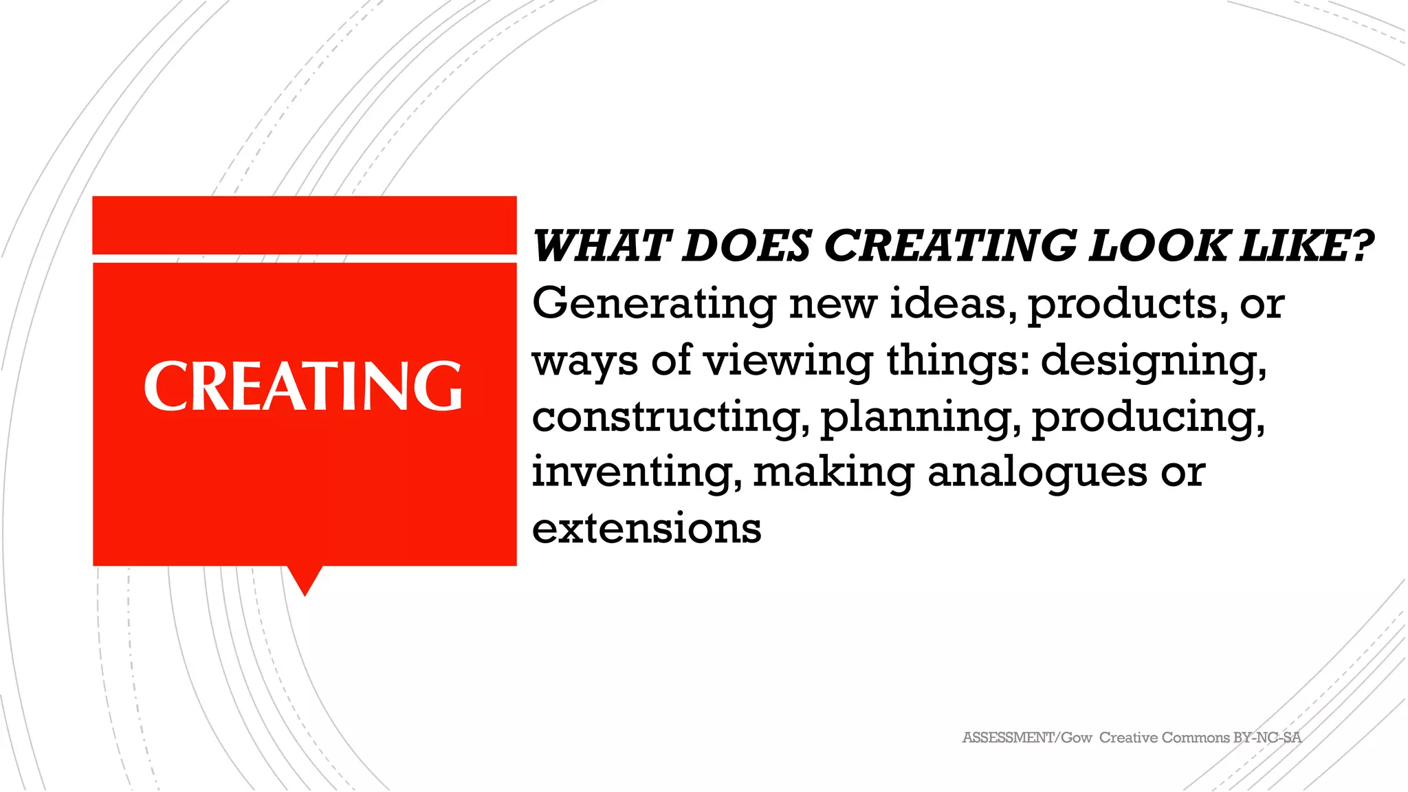 CREATING
WHAT DOES CREATING LOOK LIKE?
Generating new ideas, products, or
ways of viewing things: designing,
constructing, planning, producing,
inventing, making analogues or
extensions
ASSESSMENT/Gow Creative Commons BY-NC-SA
 