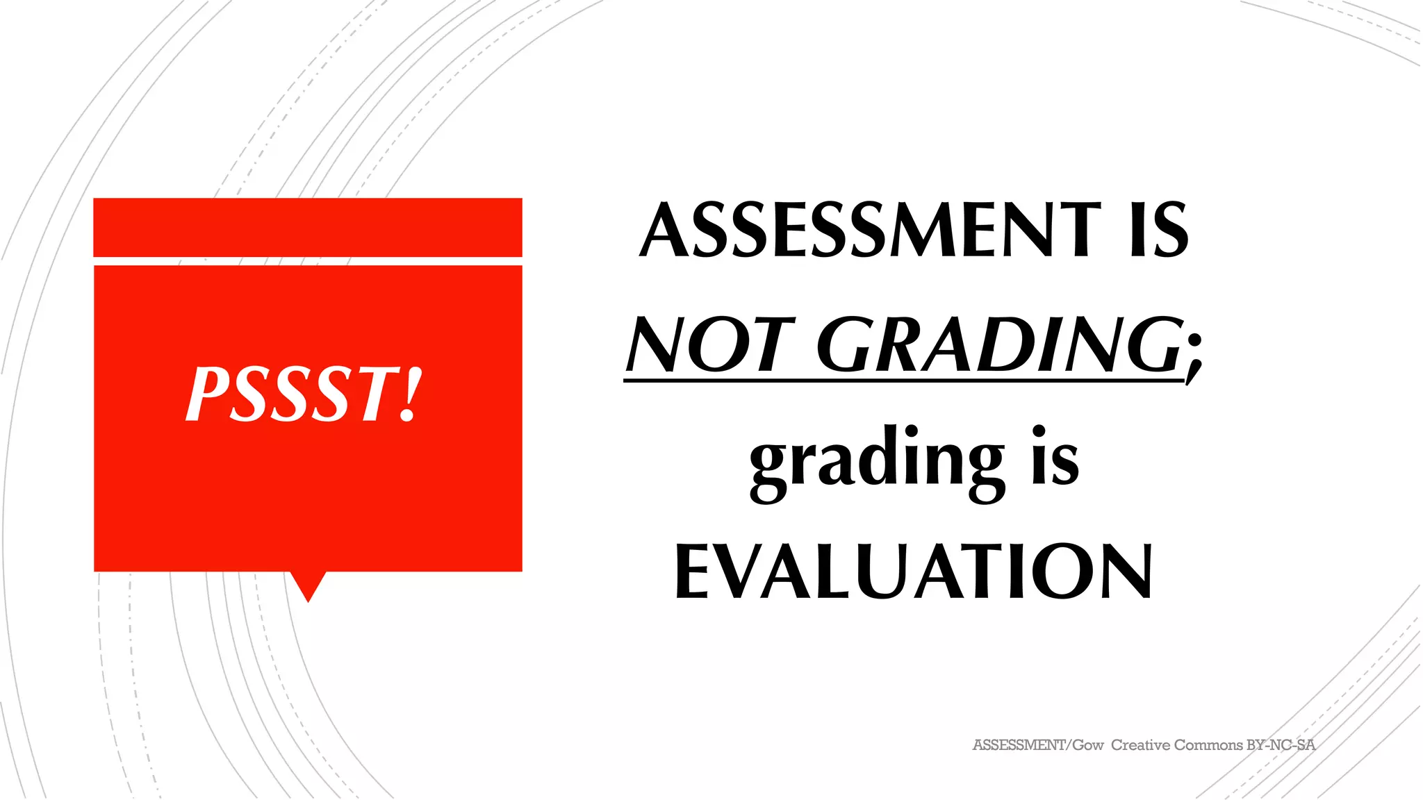 ASSESSMENT IS
NOT GRADING;
grading is
EVALUATION
PSSST!
ASSESSMENT/Gow Creative Commons BY-NC-SA
 