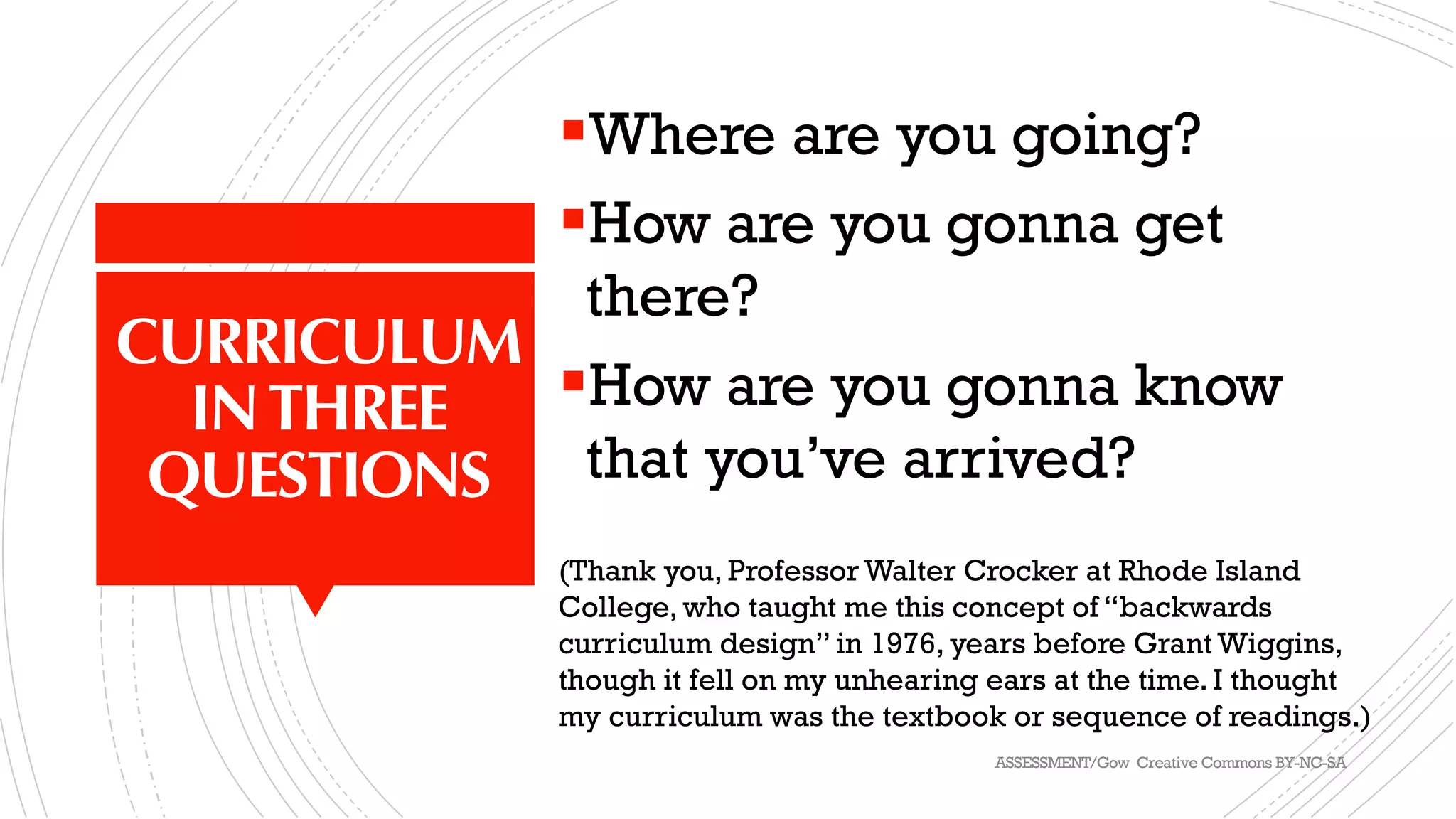 CURRICULUM
INTHREE
QUESTIONS
§Where are you going?
§How are you gonna get
there?
§How are you gonna know
that you’ve arrived?
(Thank you, Professor Walter Crocker at Rhode Island
College, who taught me this concept of “backwards
curriculum design” in 1976, years before Grant Wiggins,
though it fell on my unhearing ears at the time. I thought
my curriculum was the textbook or sequence of readings.)
ASSESSMENT/Gow Creative Commons BY-NC-SA
 