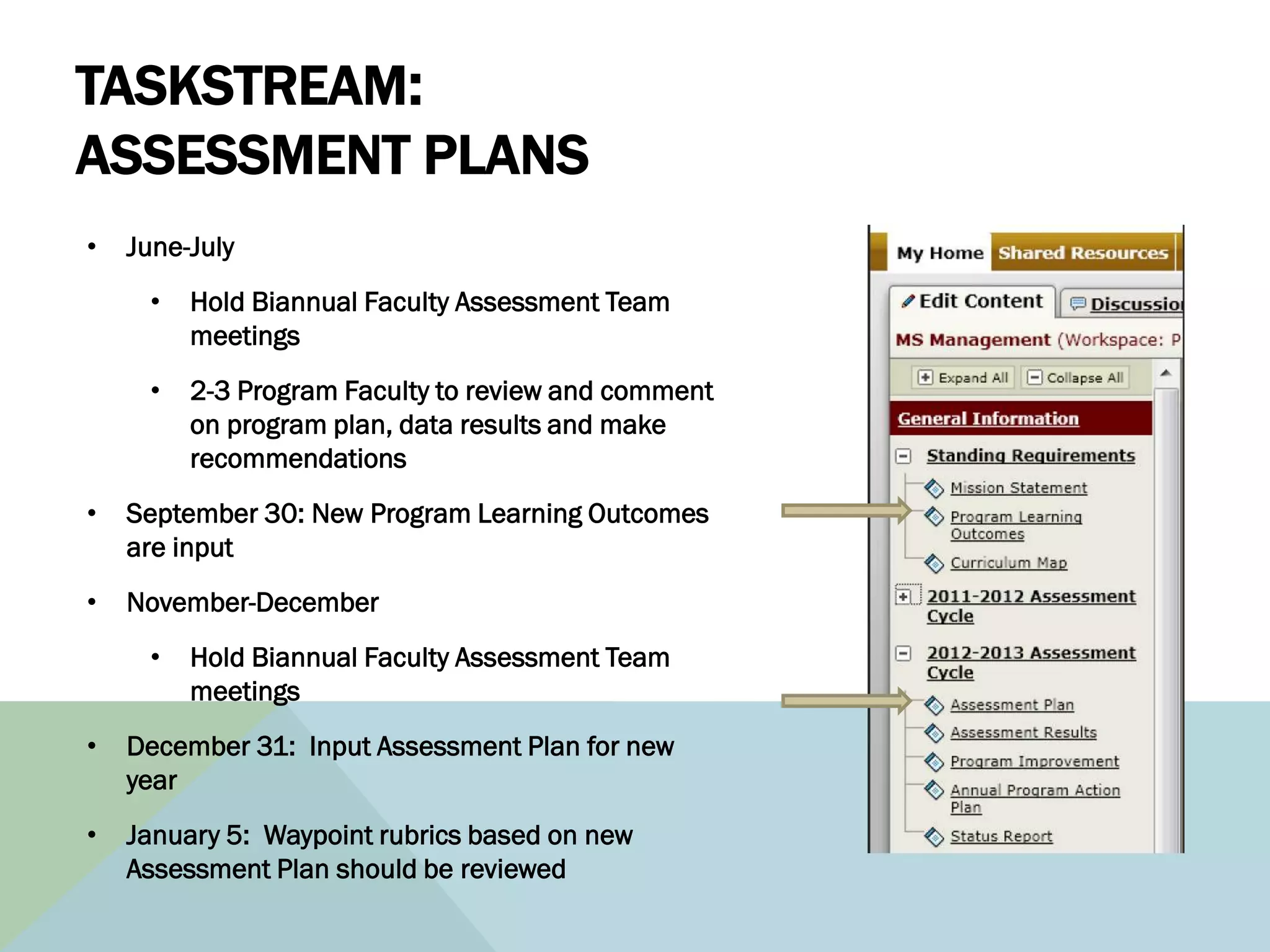 TASKSTREAM:
ASSESSMENT PLANS
•   June-July
     •   Hold Biannual Faculty Assessment Team
         meetings
     •   2-3 Program Faculty to review and comment
         on program plan, data results and make
         recommendations
•   September 30: New Program Learning Outcomes
    are input
•   November-December
     •   Hold Biannual Faculty Assessment Team
         meetings
•   December 31: Input Assessment Plan for new
    year
•   January 5: Waypoint rubrics based on new
    Assessment Plan should be reviewed
 